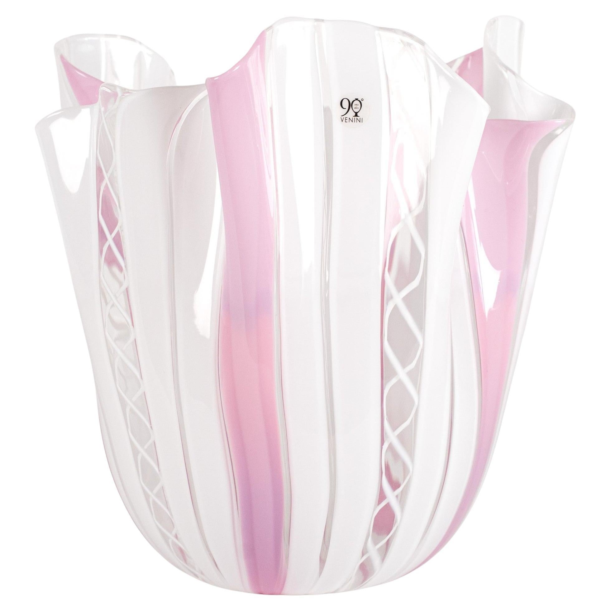 VENINI rare vase Fazzoletto Canne reticello multicolor Murano Glass Signed 2012