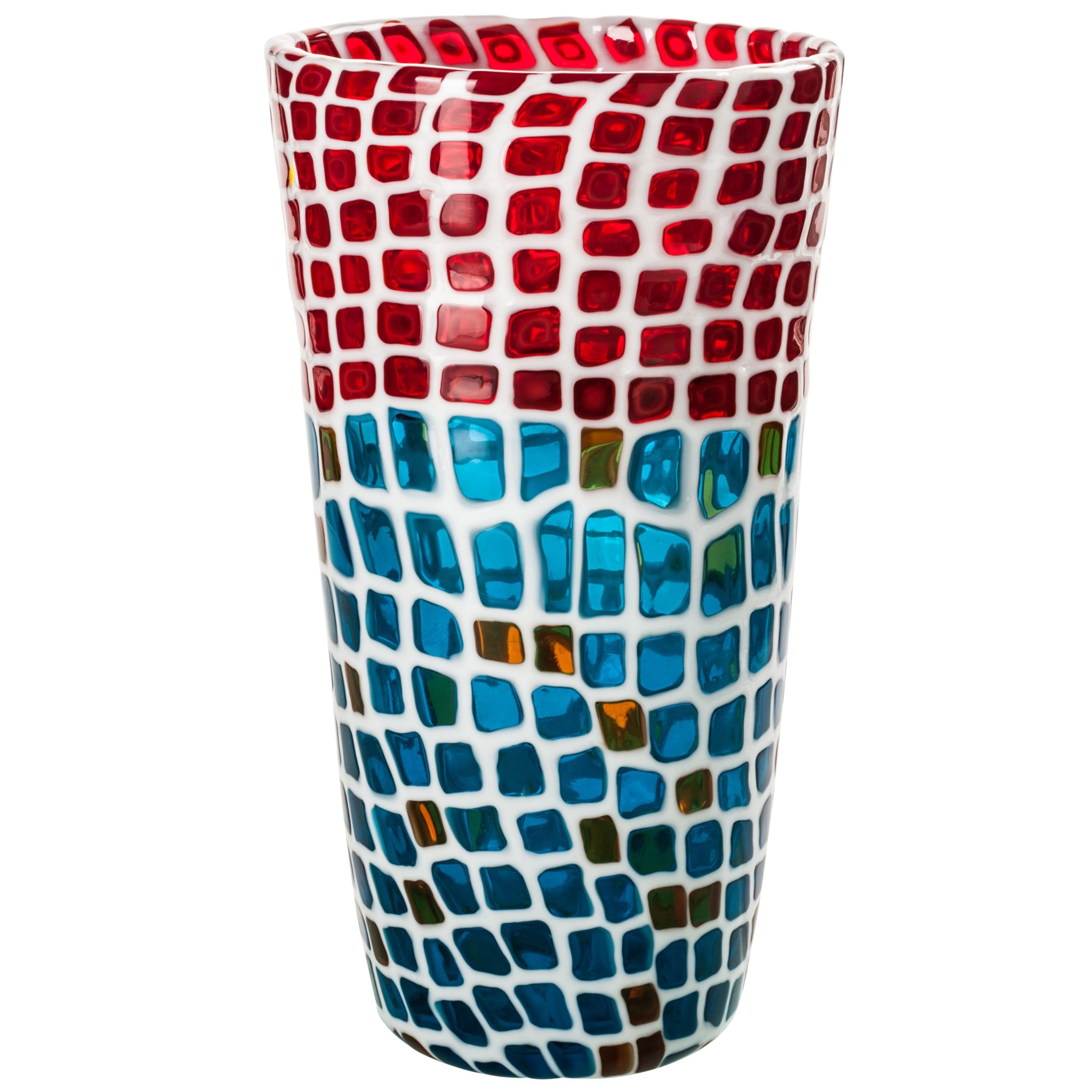 Venini Ravenna Festival Vase in Milk-White, Red & Aquamarine Glass