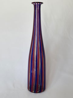Venini Red, Blue and Clear Stripe "A Canne" Glass Bottle 1989 Limited Edition