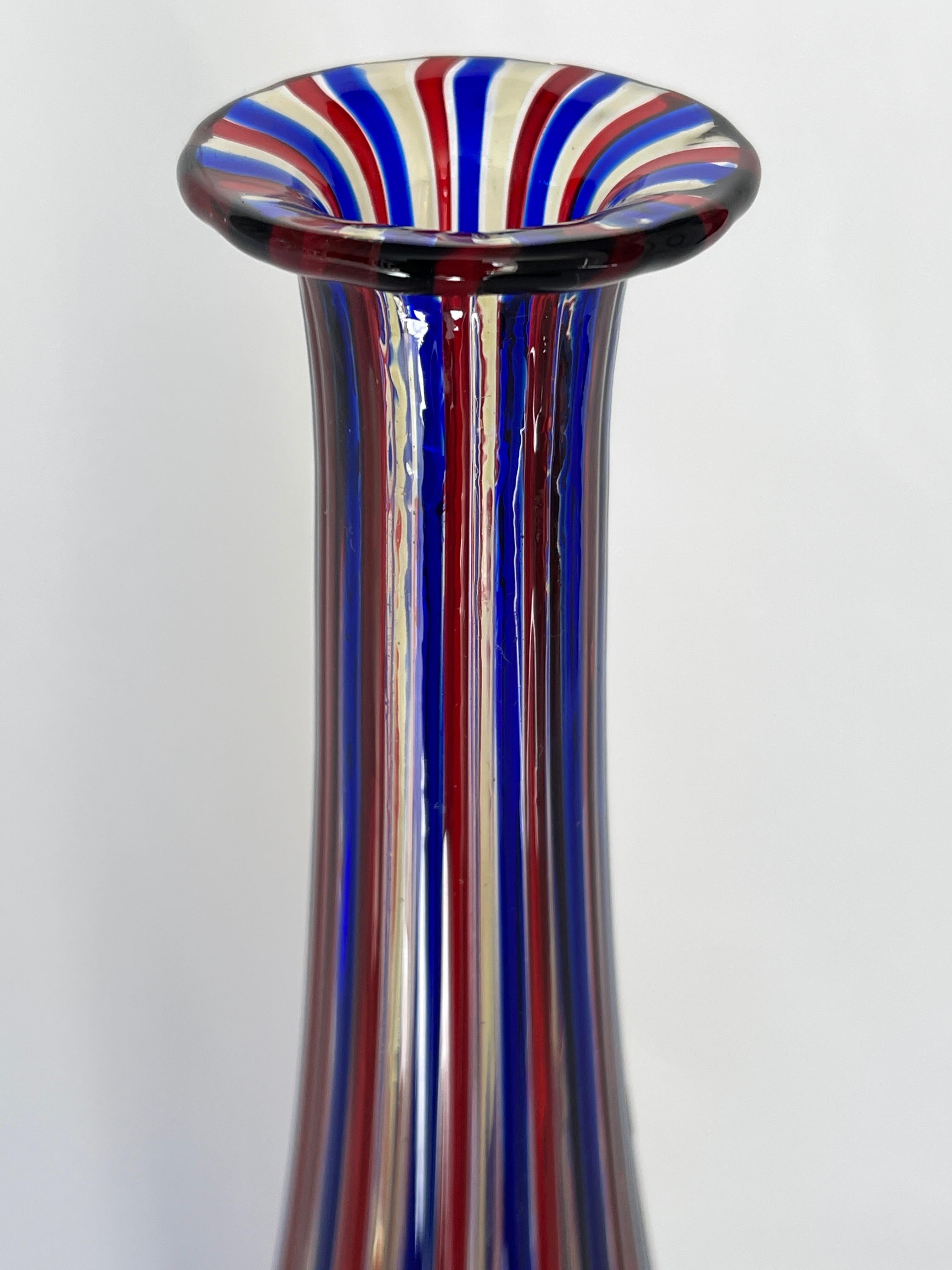 Mid-Century Modern Venini Red, Blue and Clear Stripe 