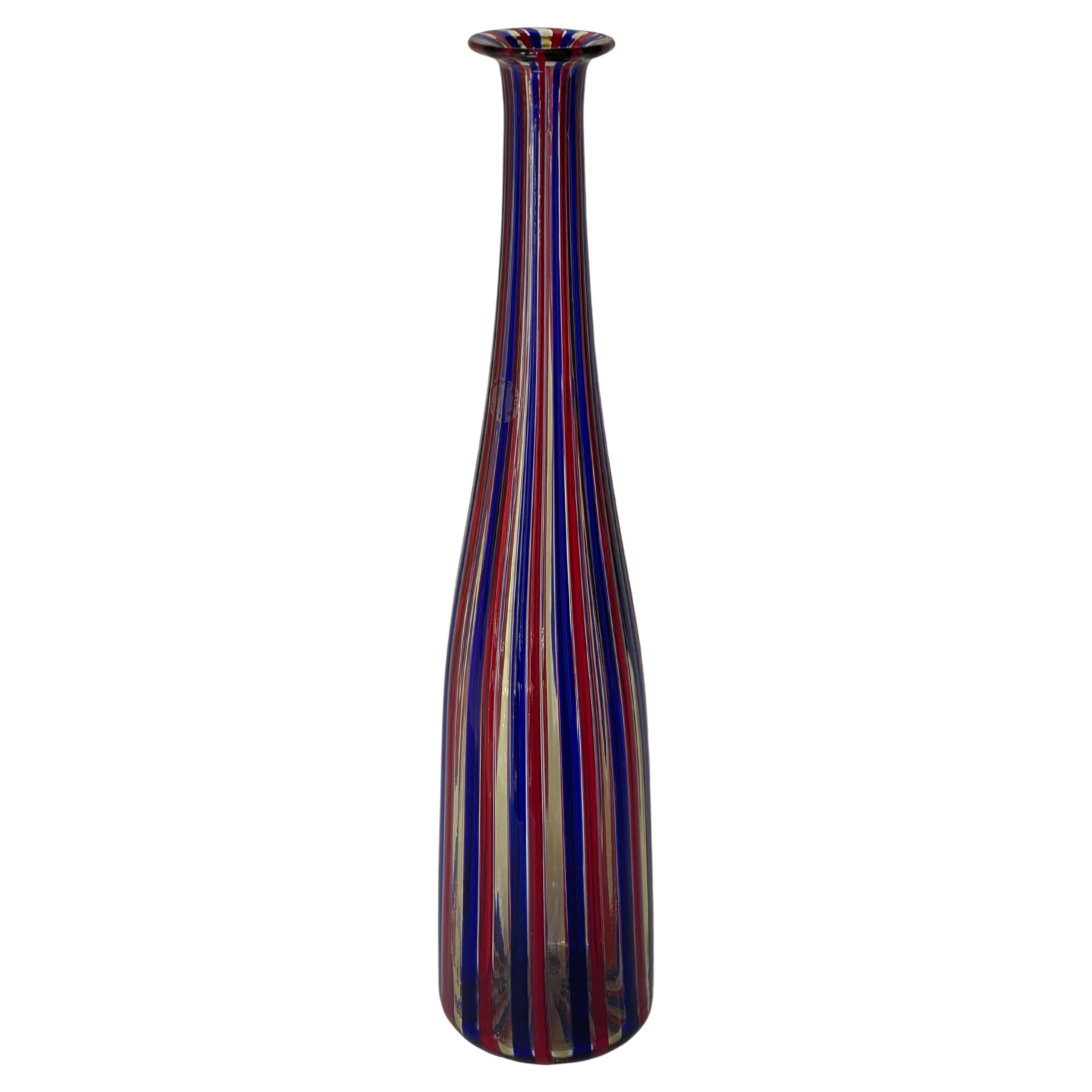 Venini Red, Blue and Clear Stripe "A Canne" Glass Bottle 1989 Limited Edition