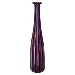 Retro Venini Red, Blue and Clear Stripe "A Canne" Glass Bottle 1989 Limited Edition