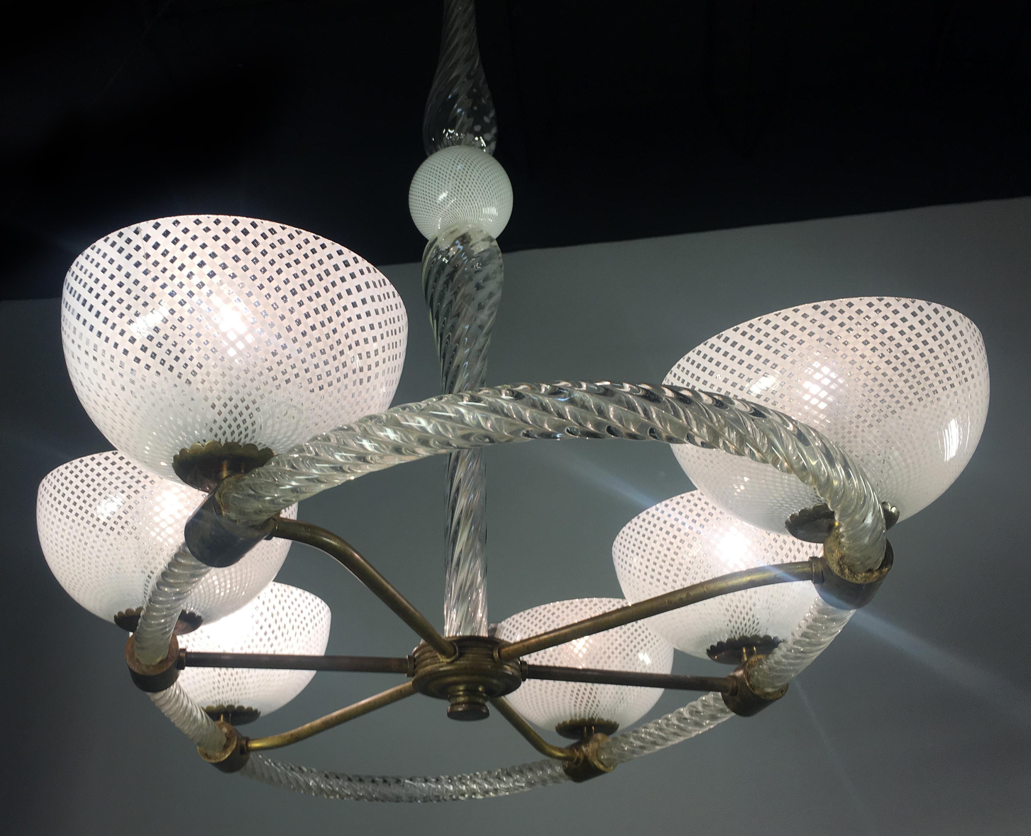 Six-arm chandelier by Venini, Italy. Handblown glass using the ‘Reticello’ technique.