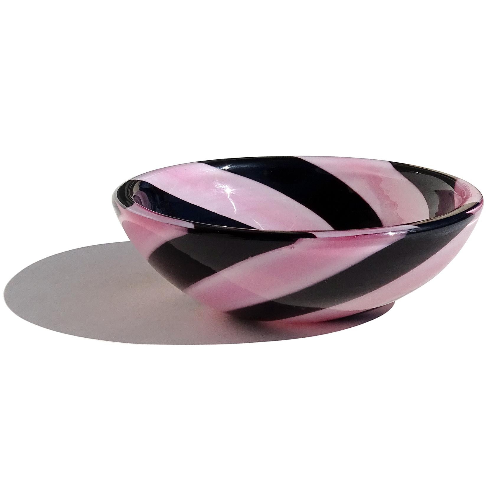 Mid-Century Modern Venini Signed Fulvio Bianconi Murano Pink Black Swirl Italian Art Glass Bowl