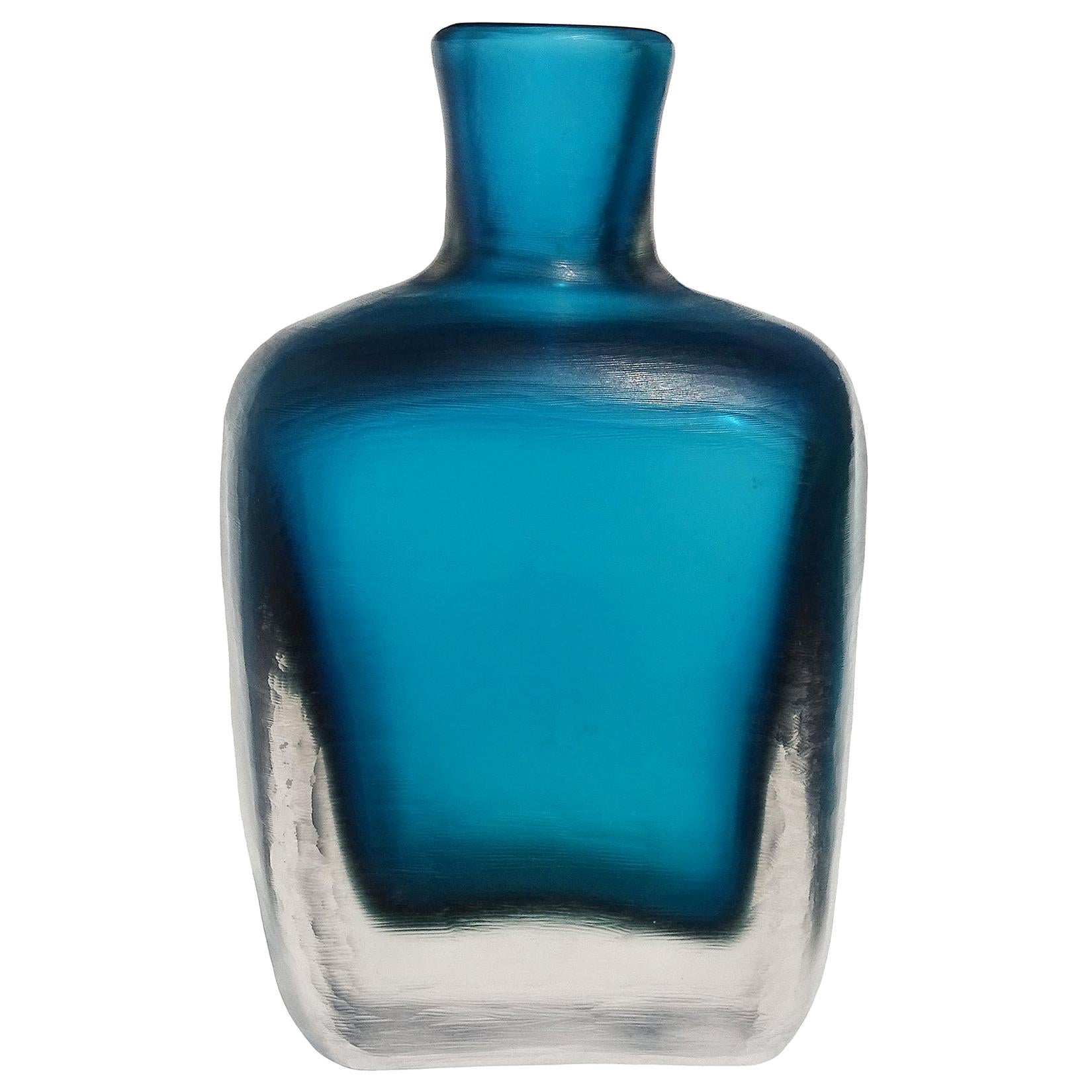 Venini Signed Murano Sommerso Navy Blue Inciso Technique Italian Art Glass Vase