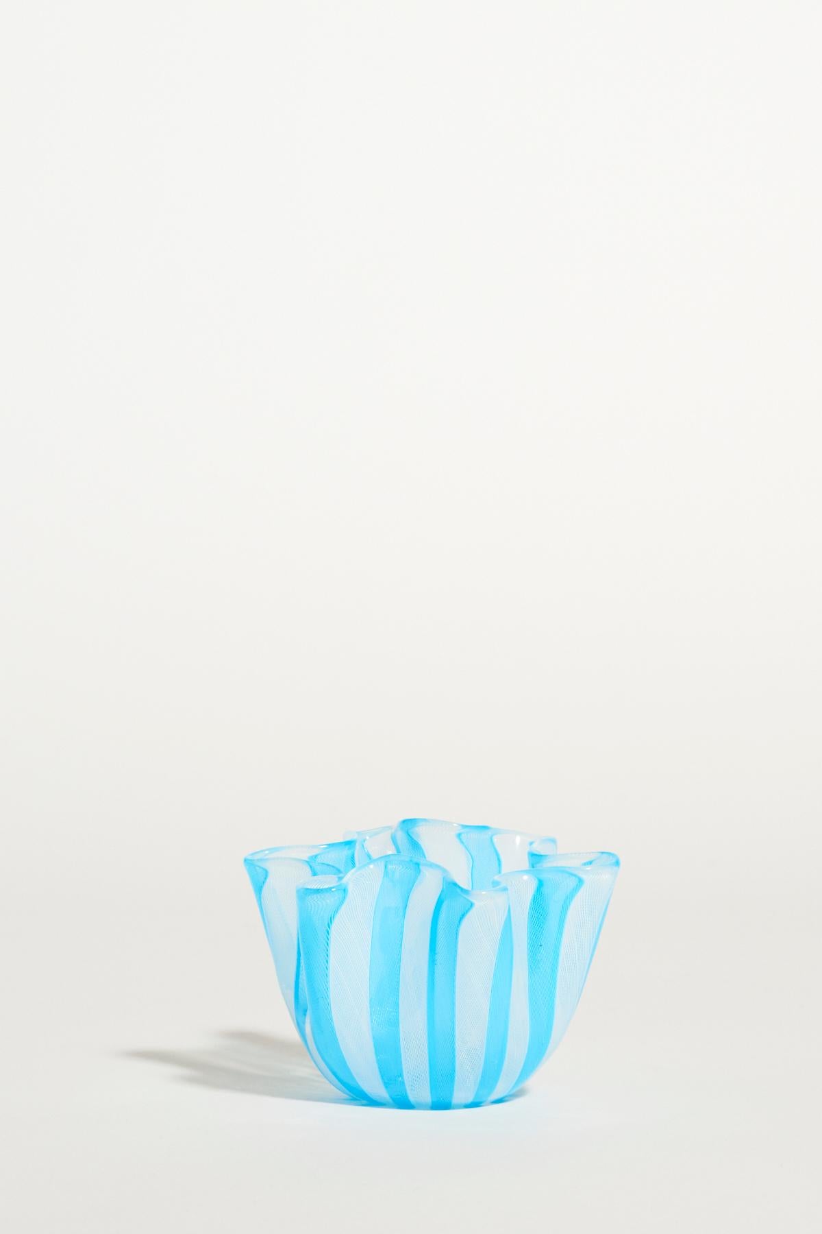 Italian Venini Sky Blue / White Lattice Handkerchief Bowl