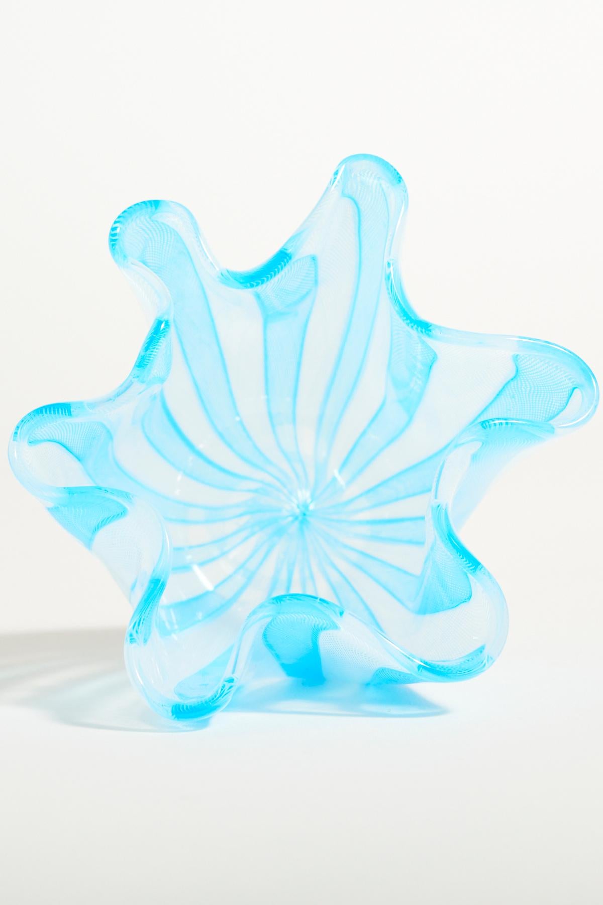 Glass Venini Sky Blue / White Lattice Handkerchief Bowl