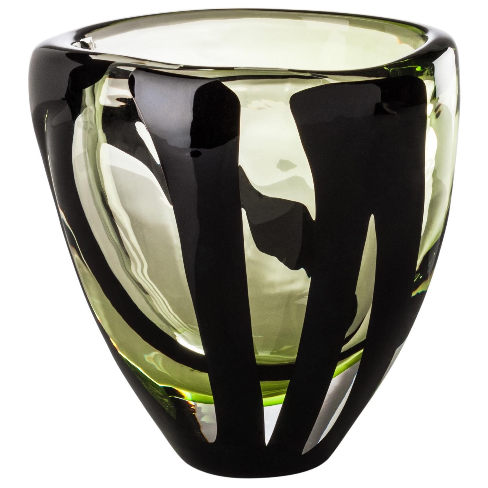Venini Small Black Belt Oval Glass Vase in Crystal and Green by Peter Marino
