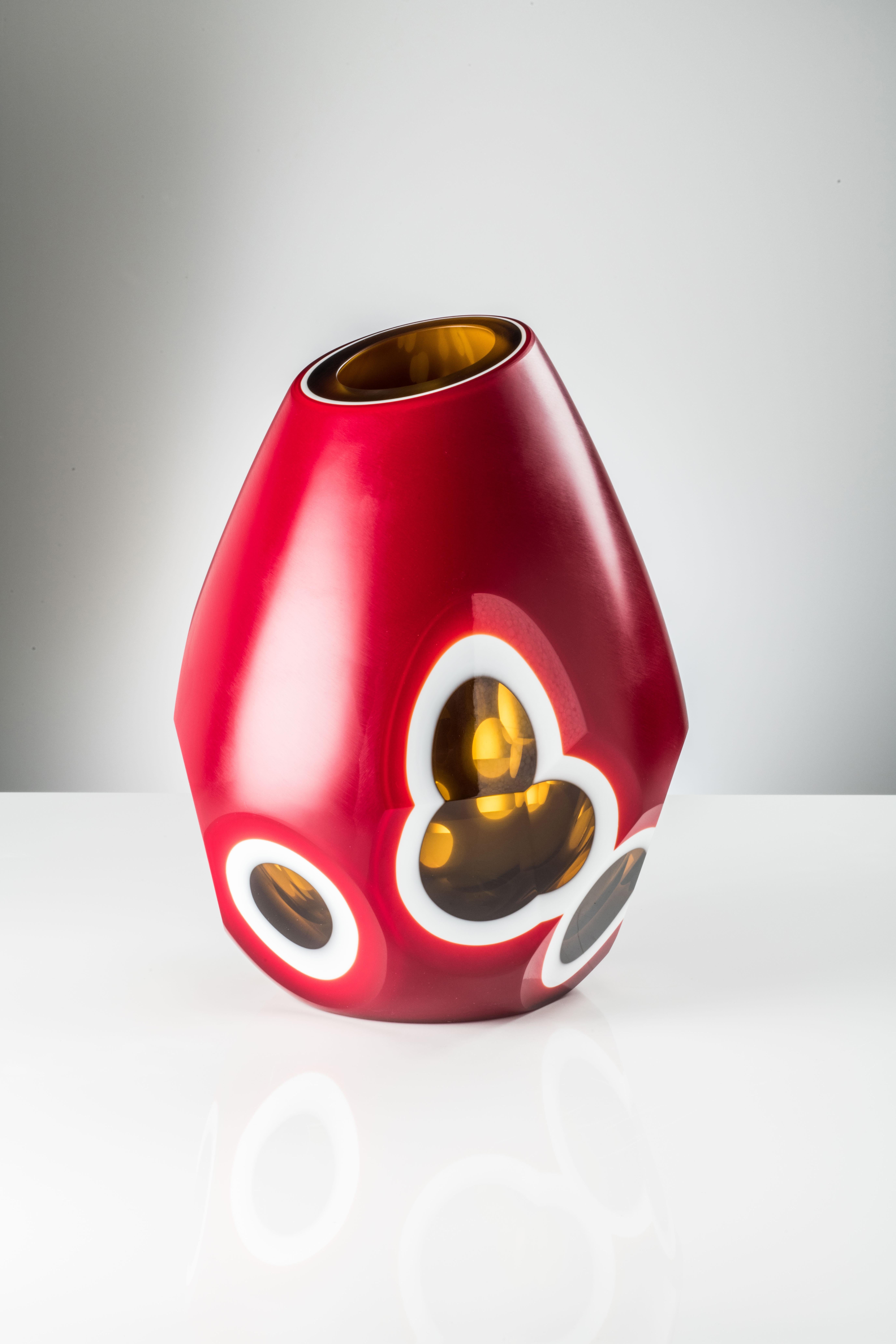 Venini glass geode vase with angular body in red, milk-white, amber and yellow designed in 2018 by Sonia Pedrazzini. Perfect for indoor home decor as container or strong statement piece for any room. Limited production of only 99