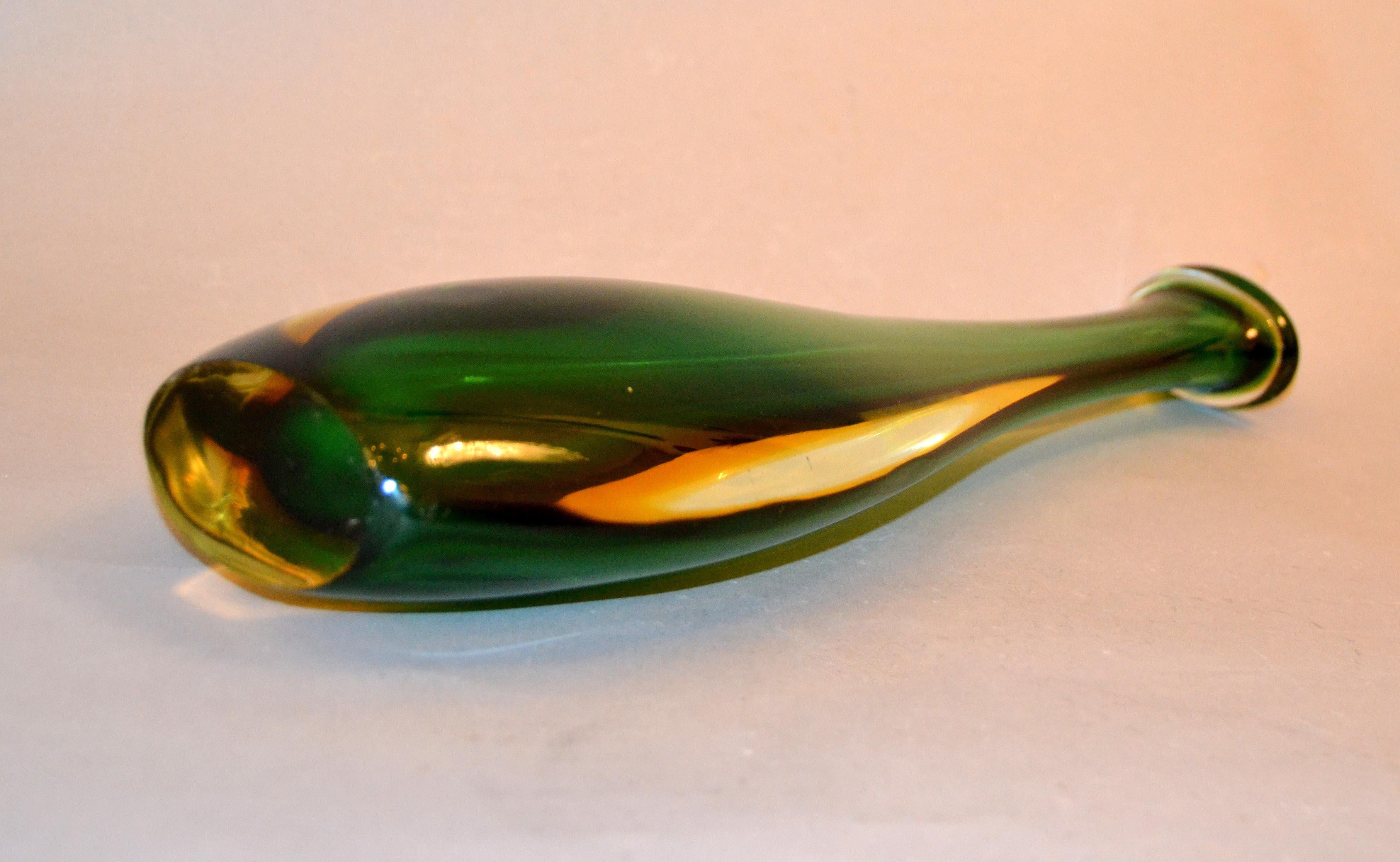 Venini Sommerso Tall Green, Amber and Clear Hand Blown Murano Glass Vase, Italy 1