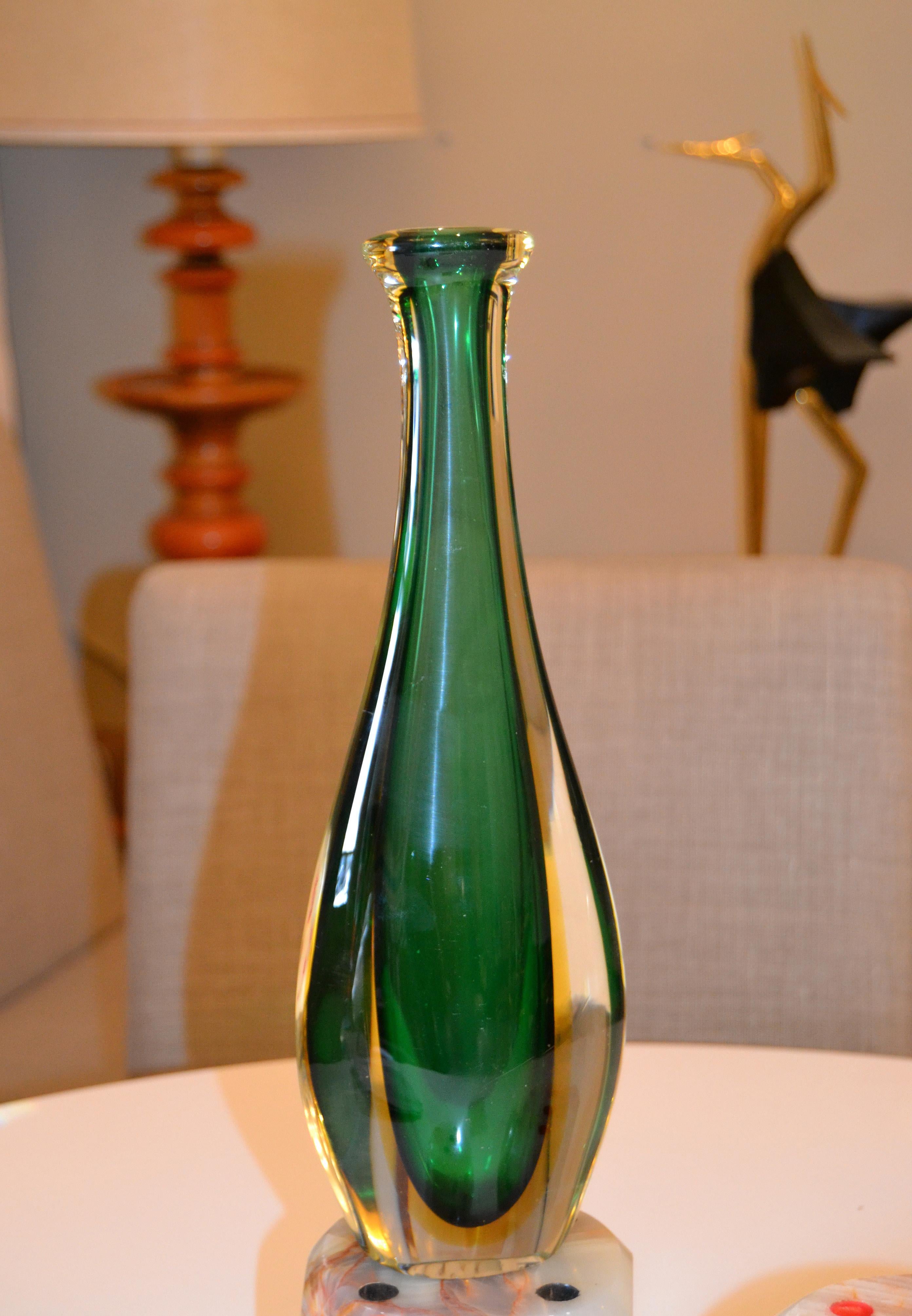 Venini Sommerso Tall Green, Amber and Clear Hand Blown Murano Glass Vase, Italy 5