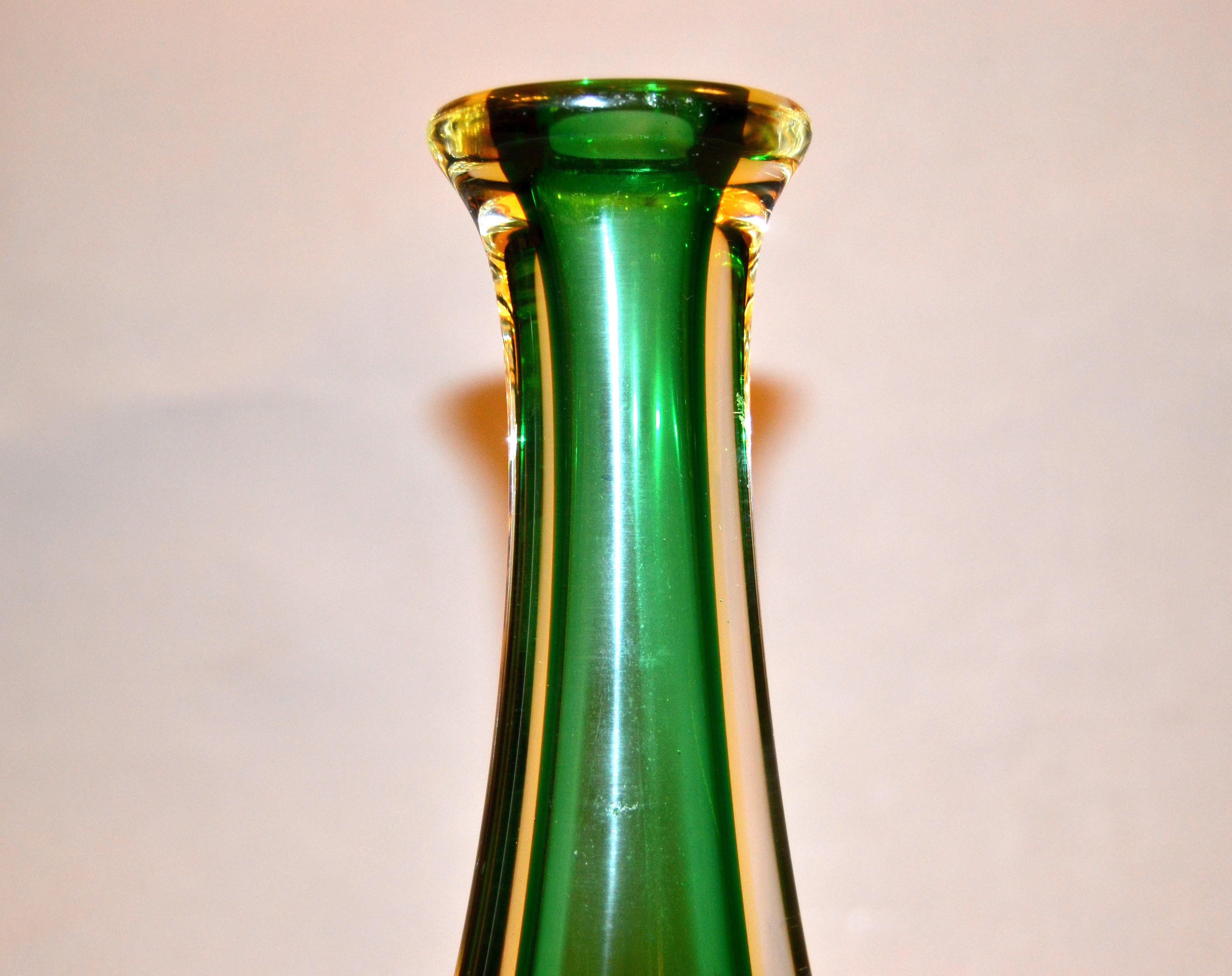 Italian Venini Sommerso Tall Green, Amber and Clear Hand Blown Murano Glass Vase, Italy