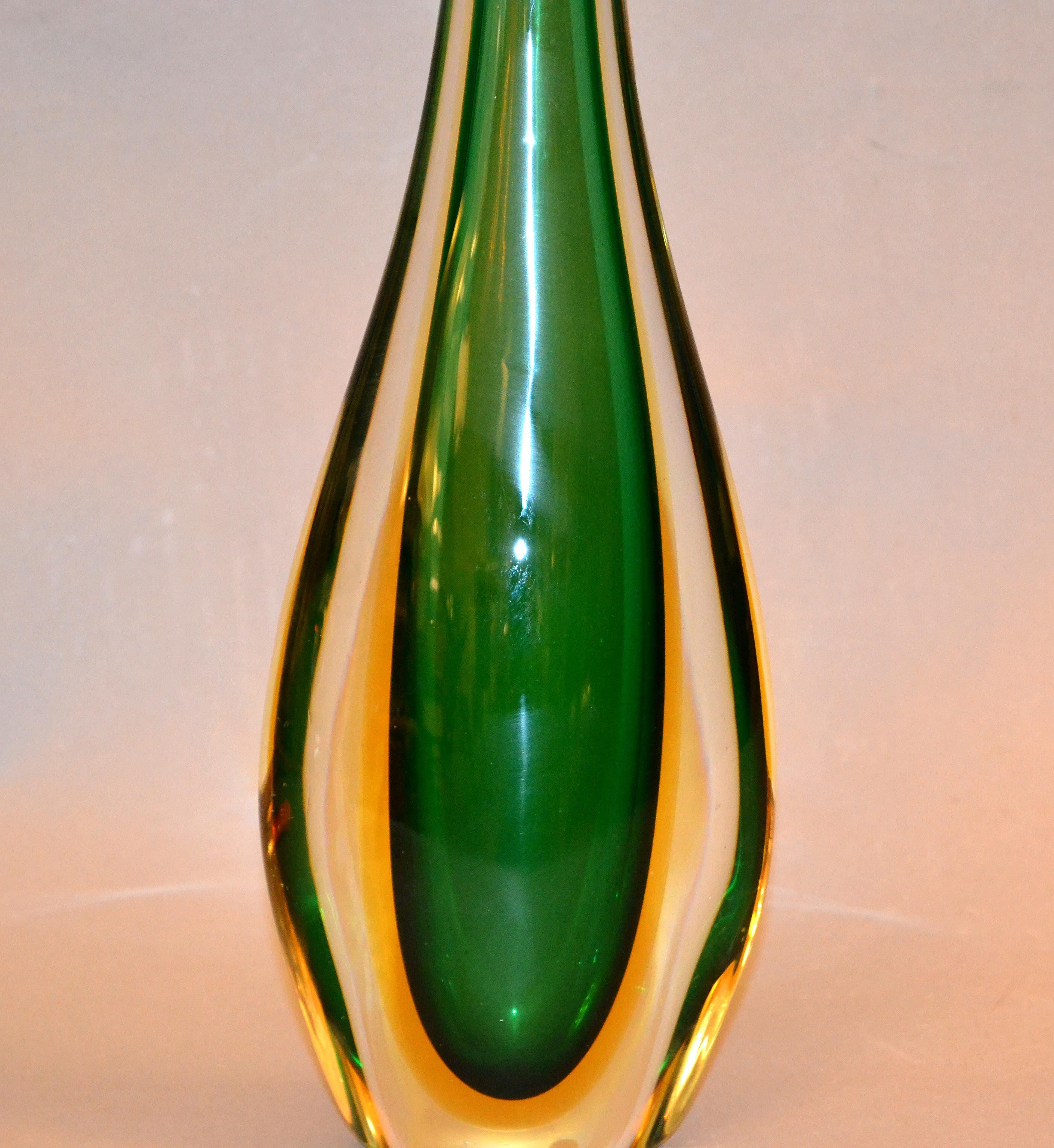 Venini Sommerso Tall Green, Amber and Clear Hand Blown Murano Glass Vase, Italy In Good Condition In Miami, FL