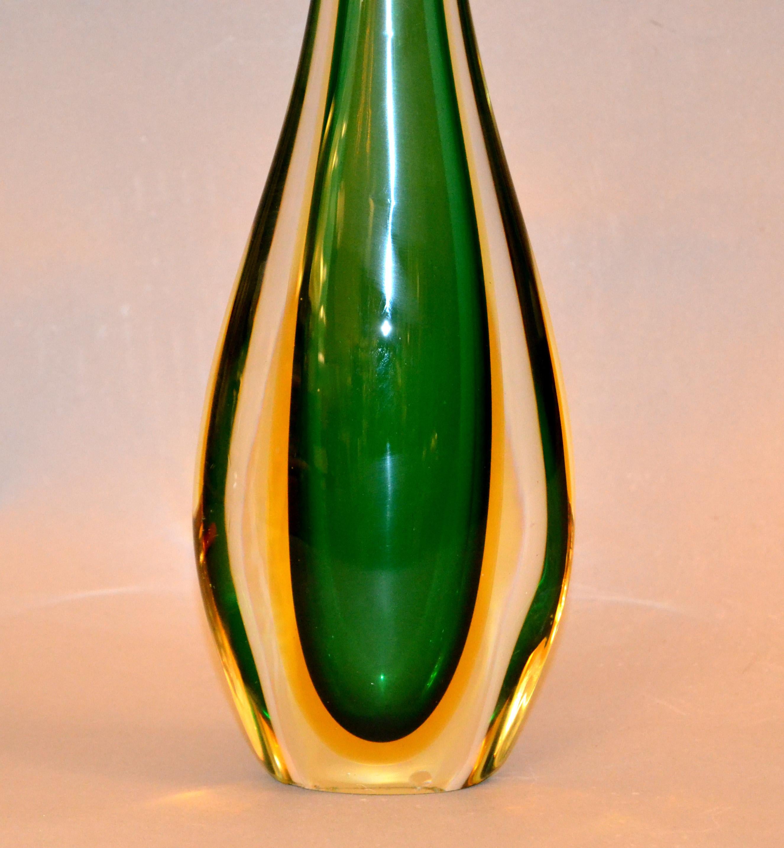 Late 20th Century Venini Sommerso Tall Green, Amber and Clear Hand Blown Murano Glass Vase, Italy