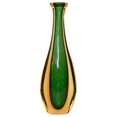 Retro Venini Sommerso Tall Green, Amber and Clear Hand Blown Murano Glass Vase, Italy
