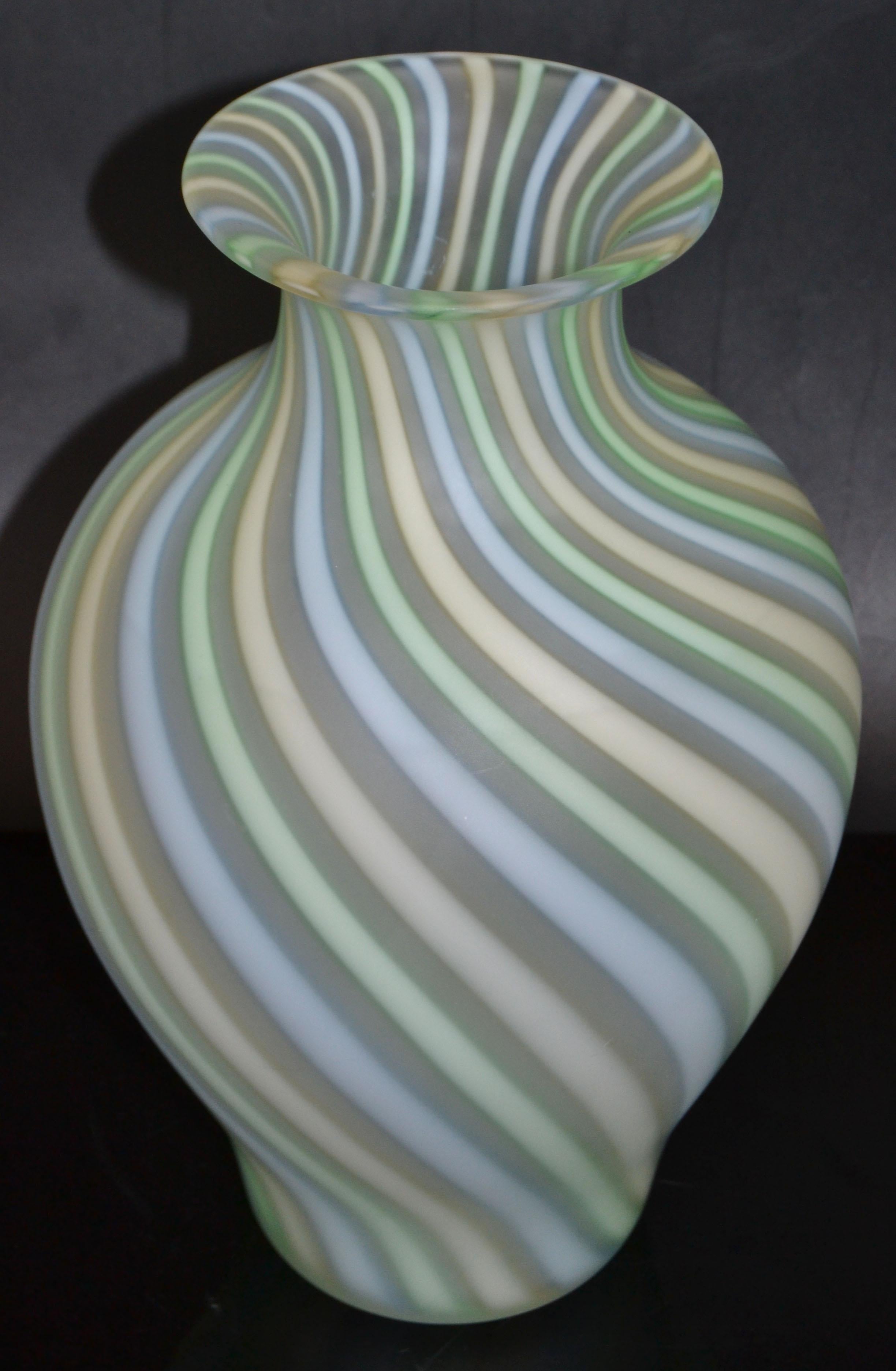 Venini best pastel colors and frosted Murano Glass vase made by Murano Glass Sommerso. 
Blown mellow pastel colored glass and ultimately surrounded with frosted Murano glass. 
Italian Art Glass par excellence.