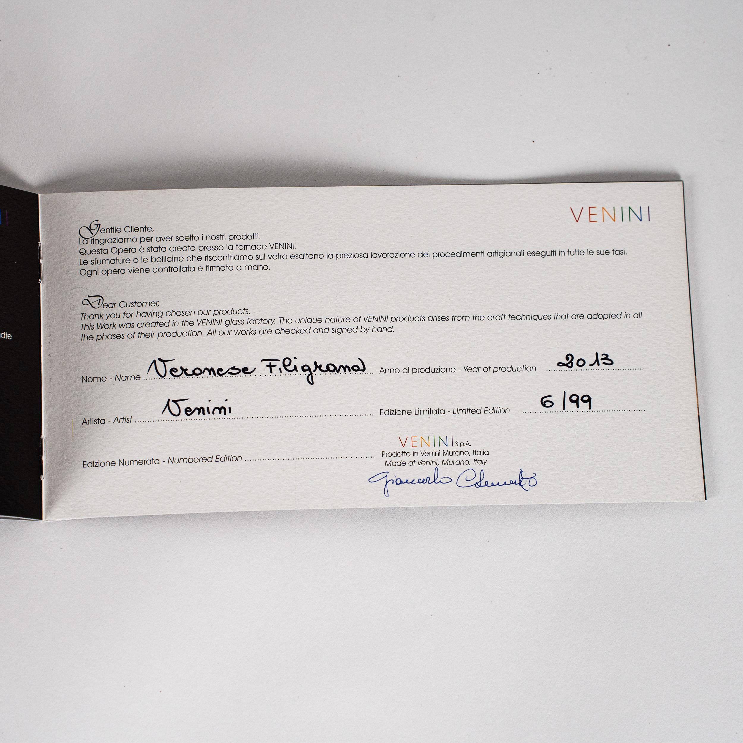 VENINI jarrón especial Veronese Filigrana Blanco Cristal de Murano Ed. limitada 6/99, 2013 Moderno de mediados de siglo en venta