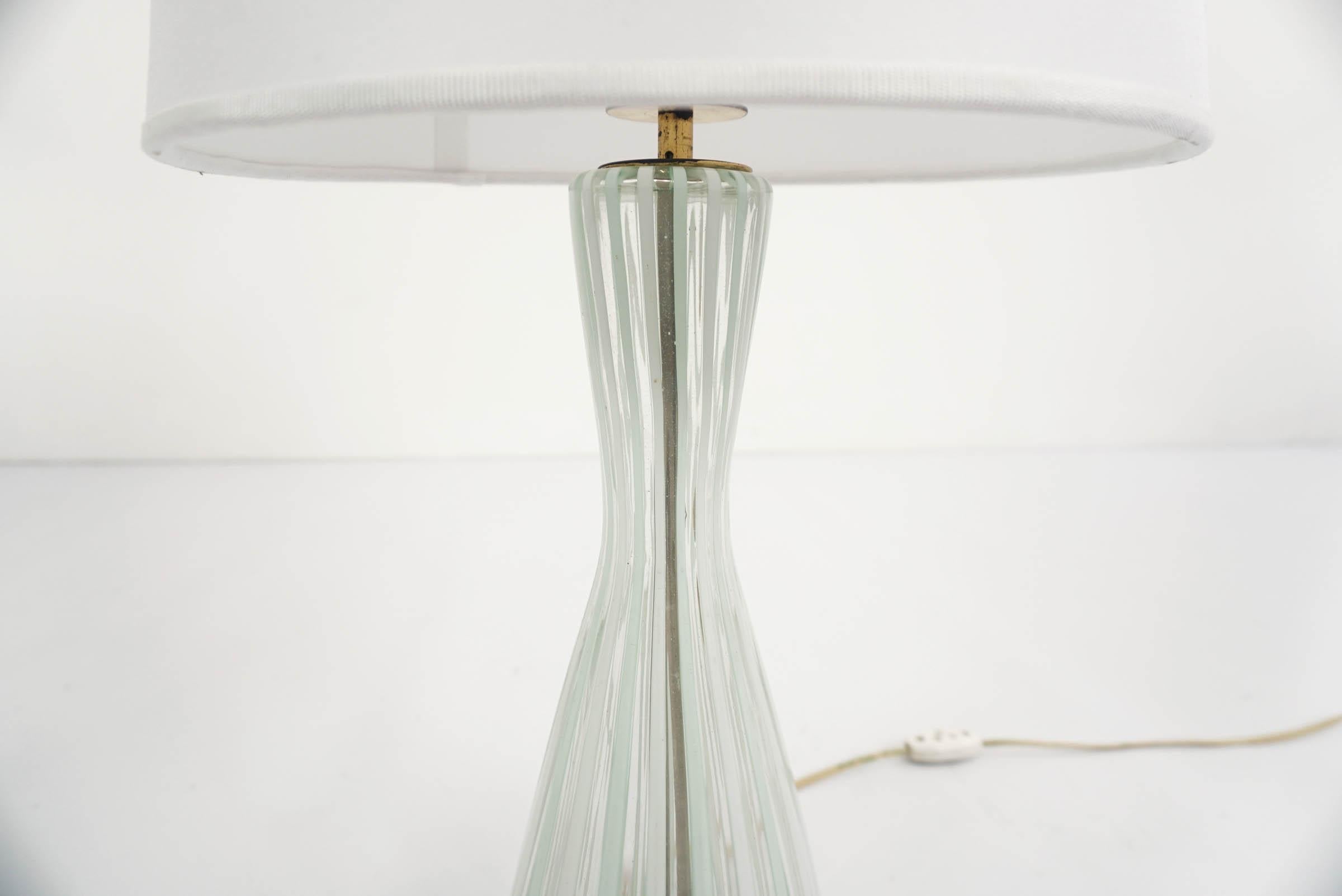 Mid-Century Modern Venini Striped Celadon Glass 1956 Rare Table Lamp For Sale