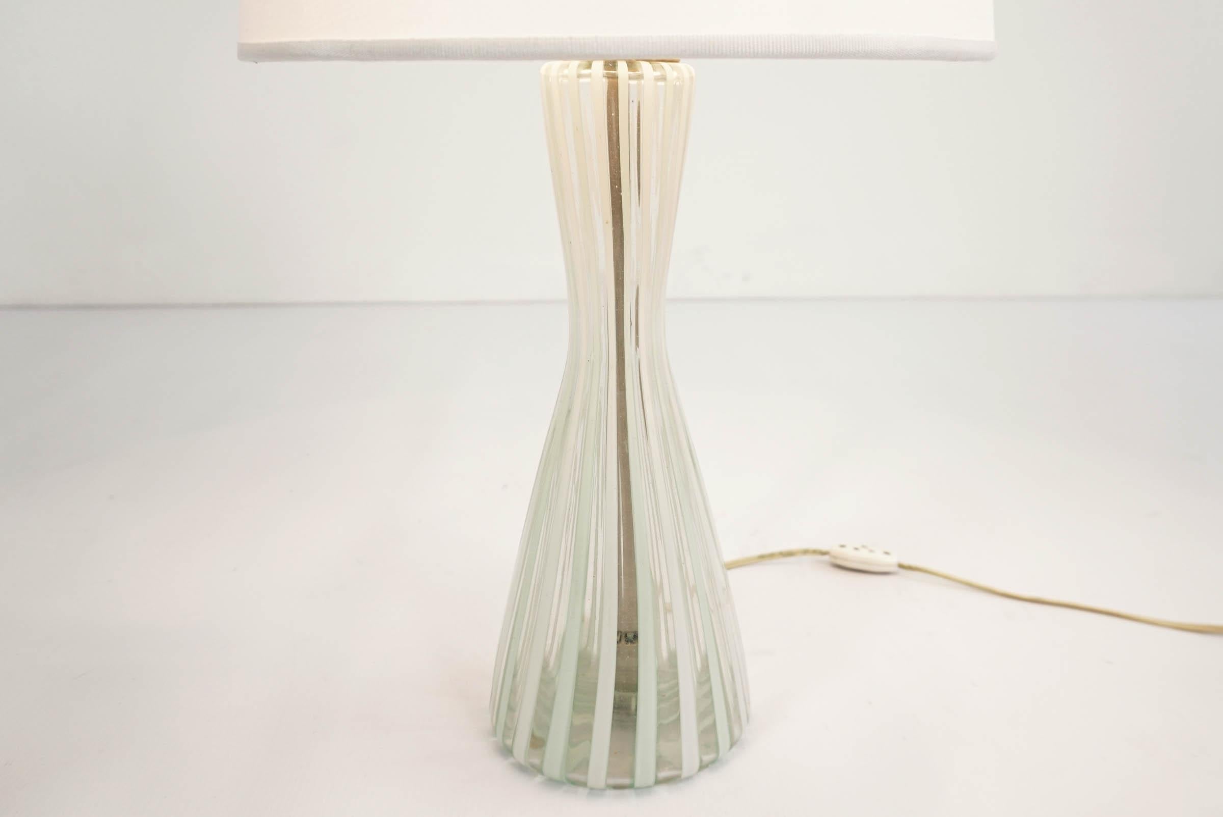 Italian Venini Striped Celadon Glass 1956 Rare Table Lamp For Sale