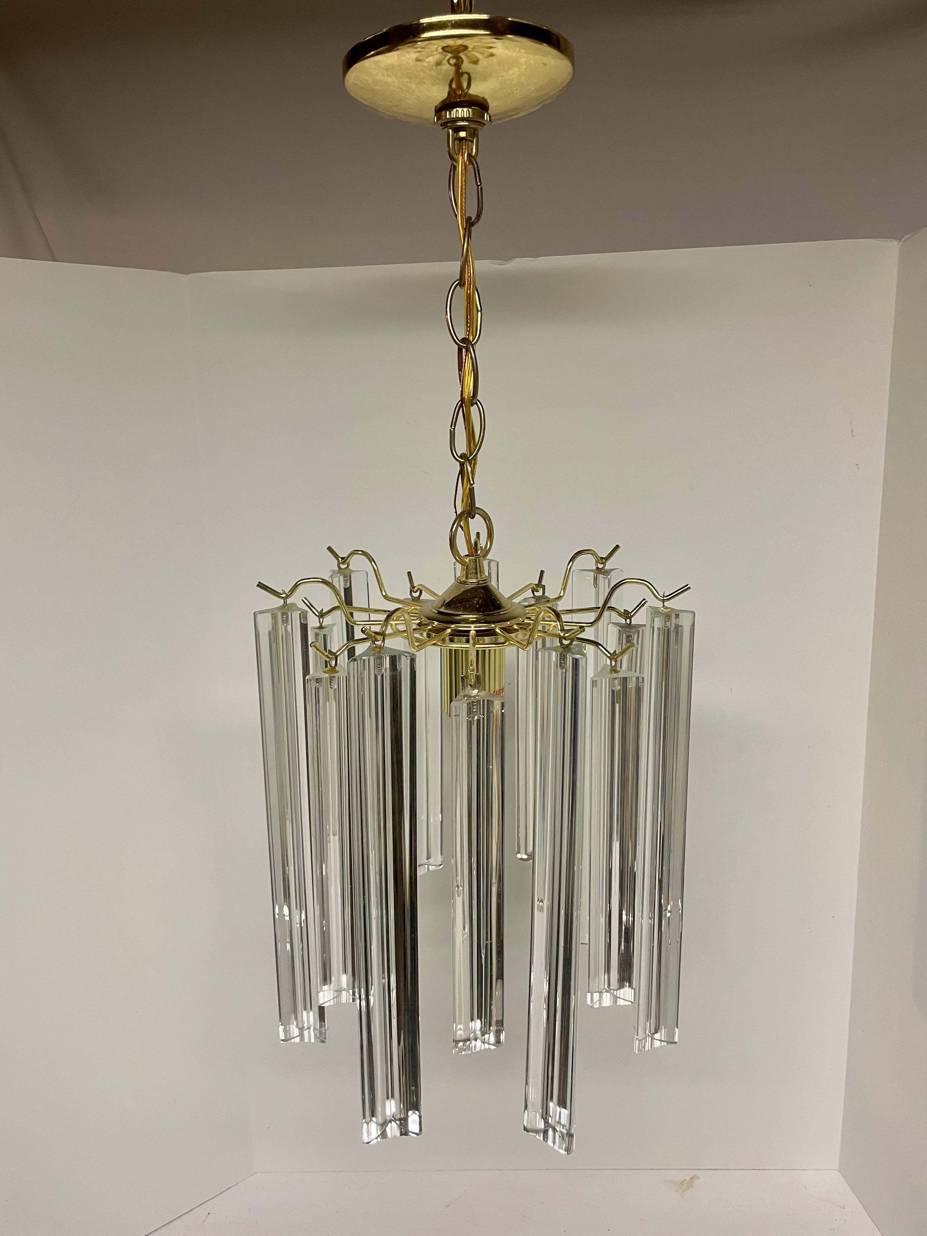 Venini style crystal chandelier with triade crystals. Single medium base socket with brass frame and original ceiling cap. Wired and ready to use, 10