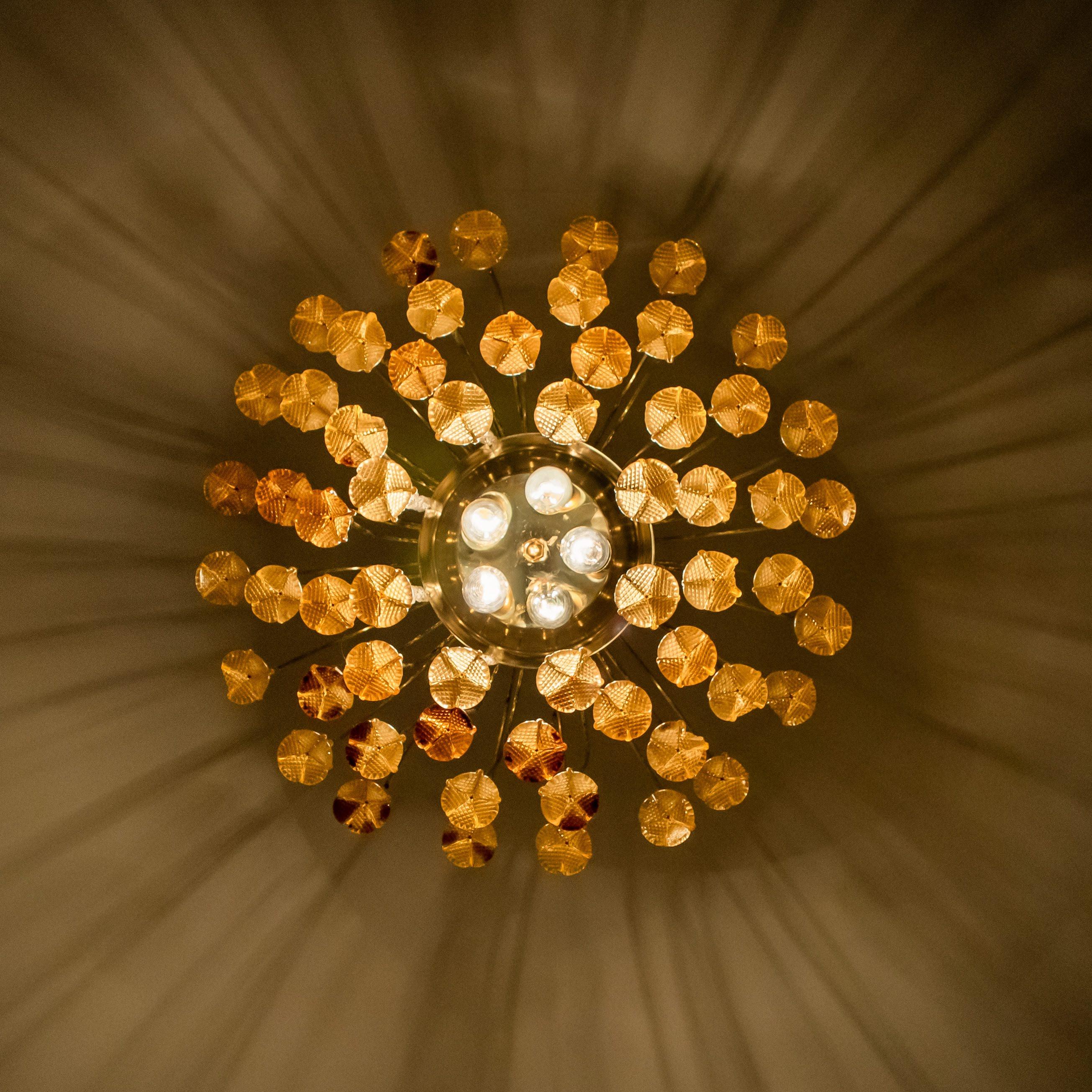 Metal Venini Style Chandelier with Murano Burned Orange Glass Flowers