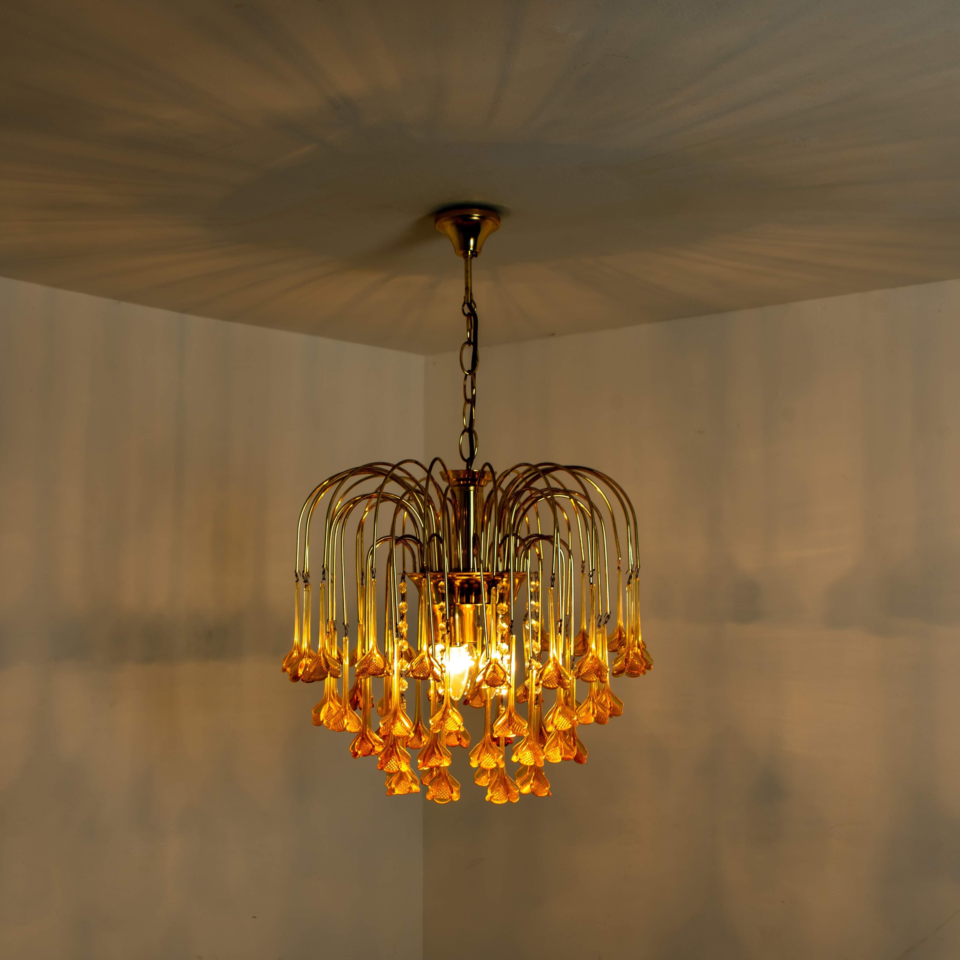 Venini Style Chandelier with Murano Burned Orange Glass Flowers 1