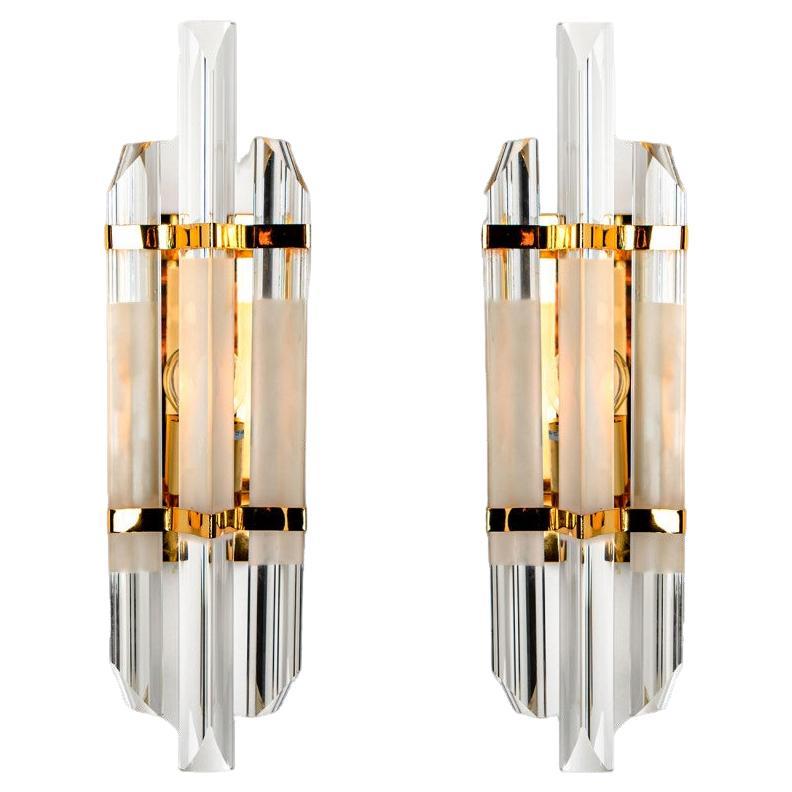Venini Style Clear Gold Glass Brass Sconces, 1970