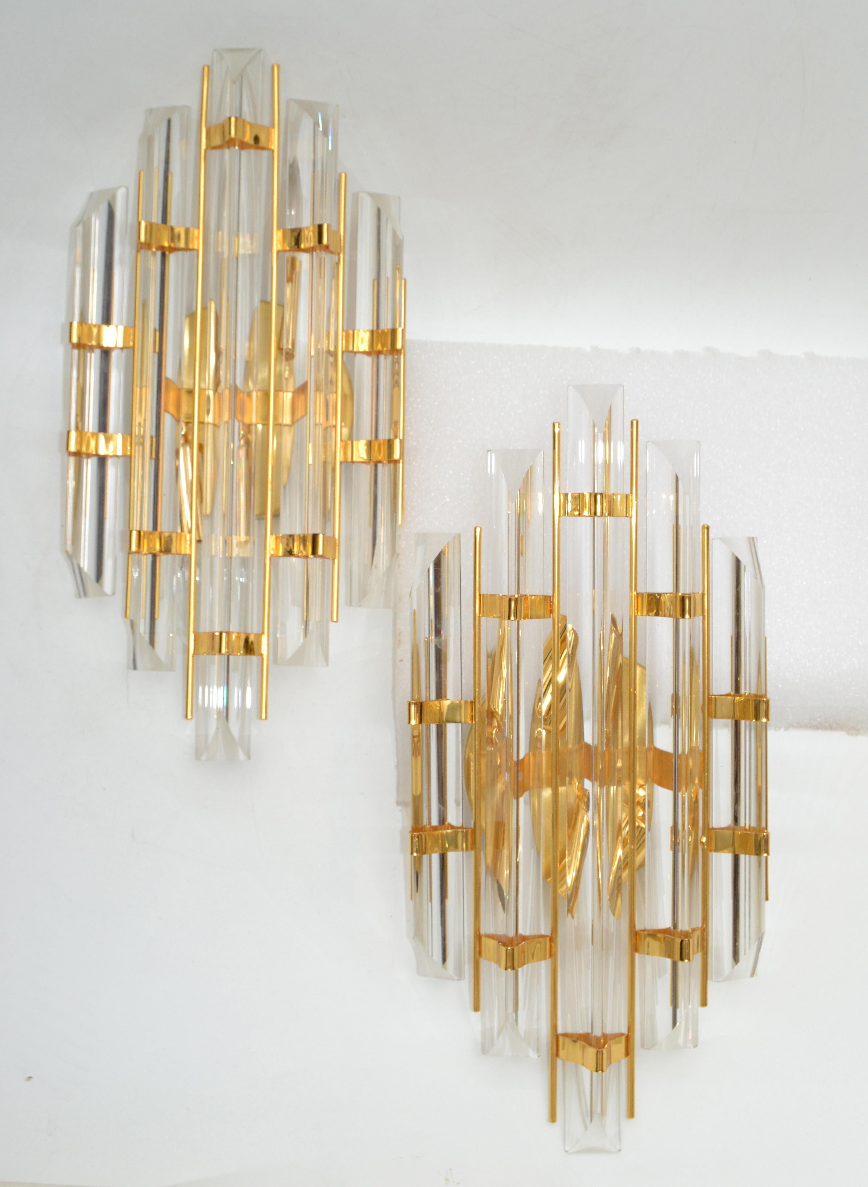 Venini Style Crystal & Brass Sconces Mid-Century Modern, Italy, 1970, Pair For Sale 5