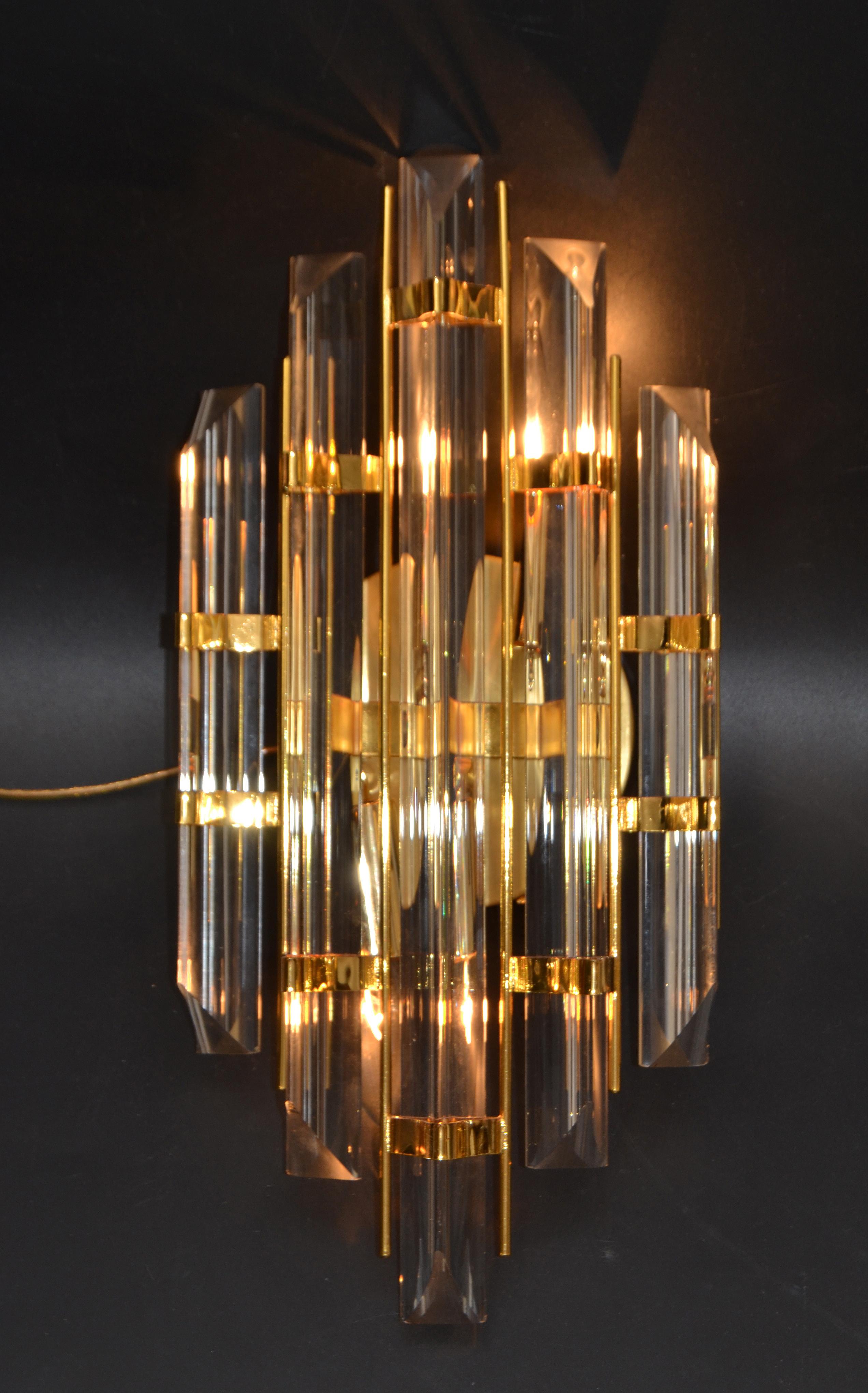 Venini Style Crystal & Brass Sconces Mid-Century Modern, Italy, 1970, Pair For Sale 6
