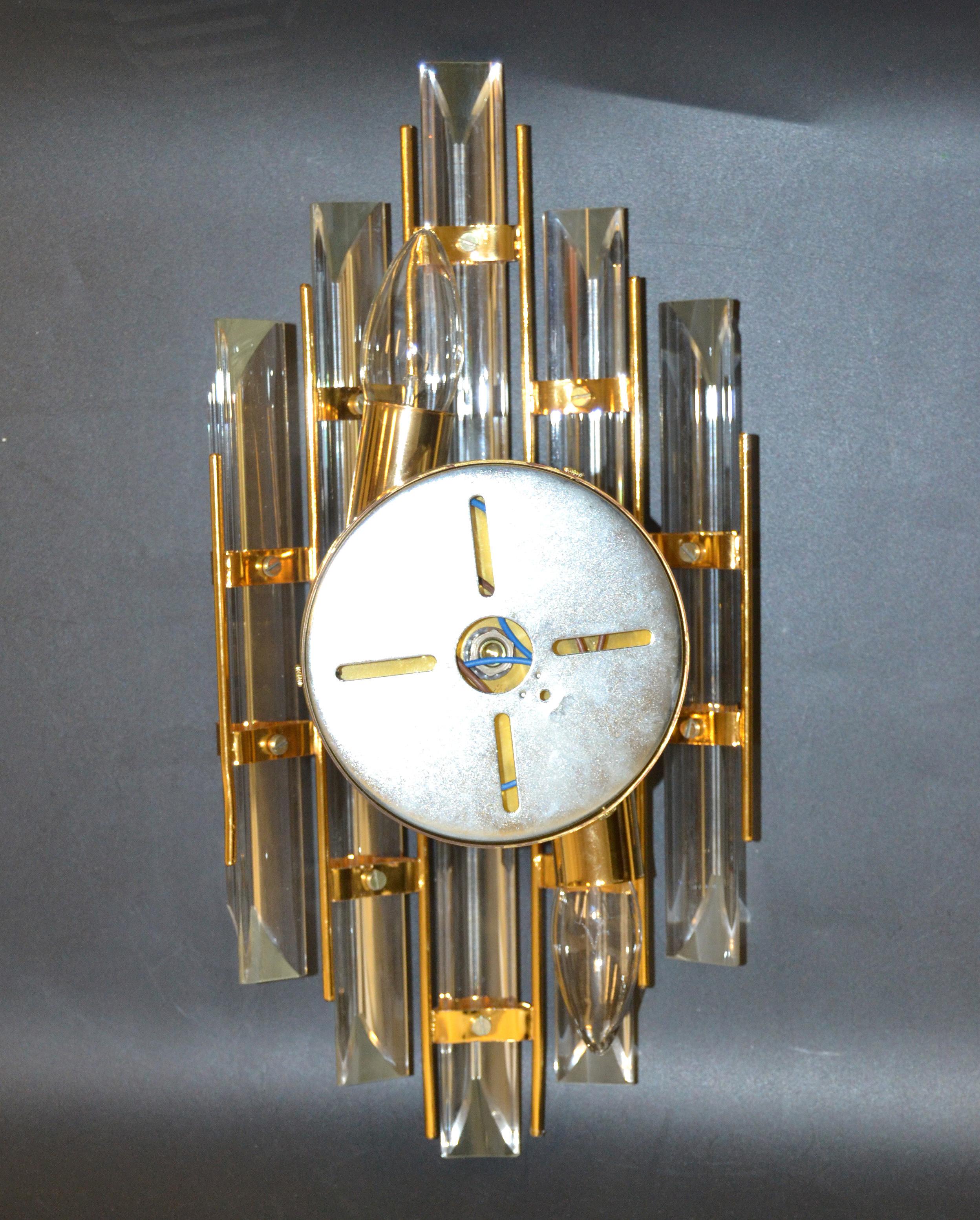 Venini Style Crystal & Brass Sconces Mid-Century Modern, Italy, 1970, Pair For Sale 7