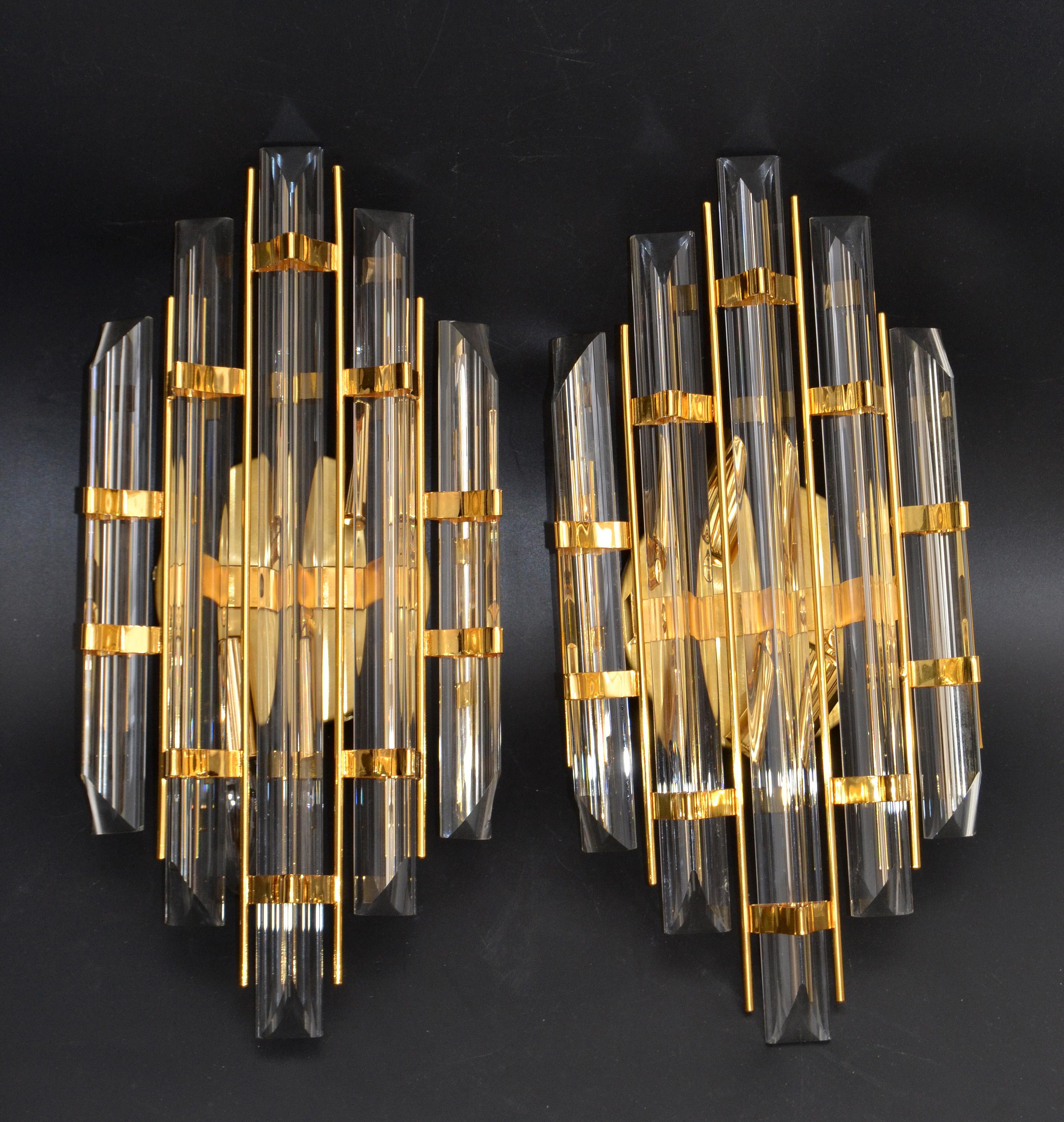 Venini Style Crystal & Brass Sconces Mid-Century Modern, Italy, 1970, Pair For Sale 8