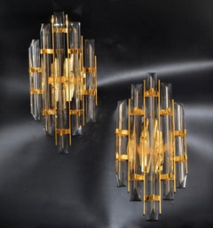Venini Style Crystal & Brass Sconces Mid-Century Modern, Italy, 1970, Pair