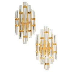 Venini Style Crystal & Brass Sconces Mid-Century Modern, Italy, 1970, Pair