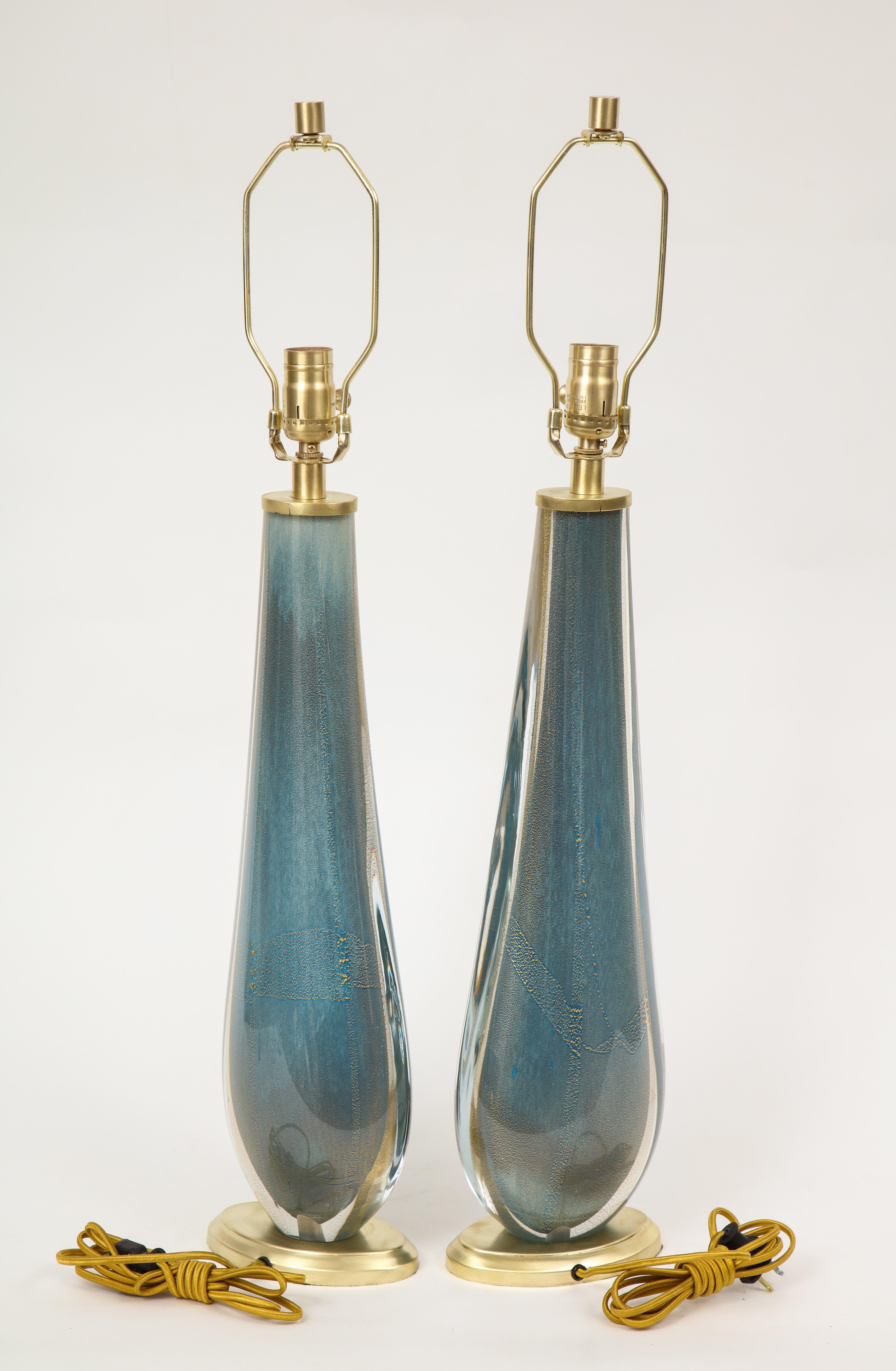 Mid-Century Modern Venini Style French Blue Murano Glass Lamps