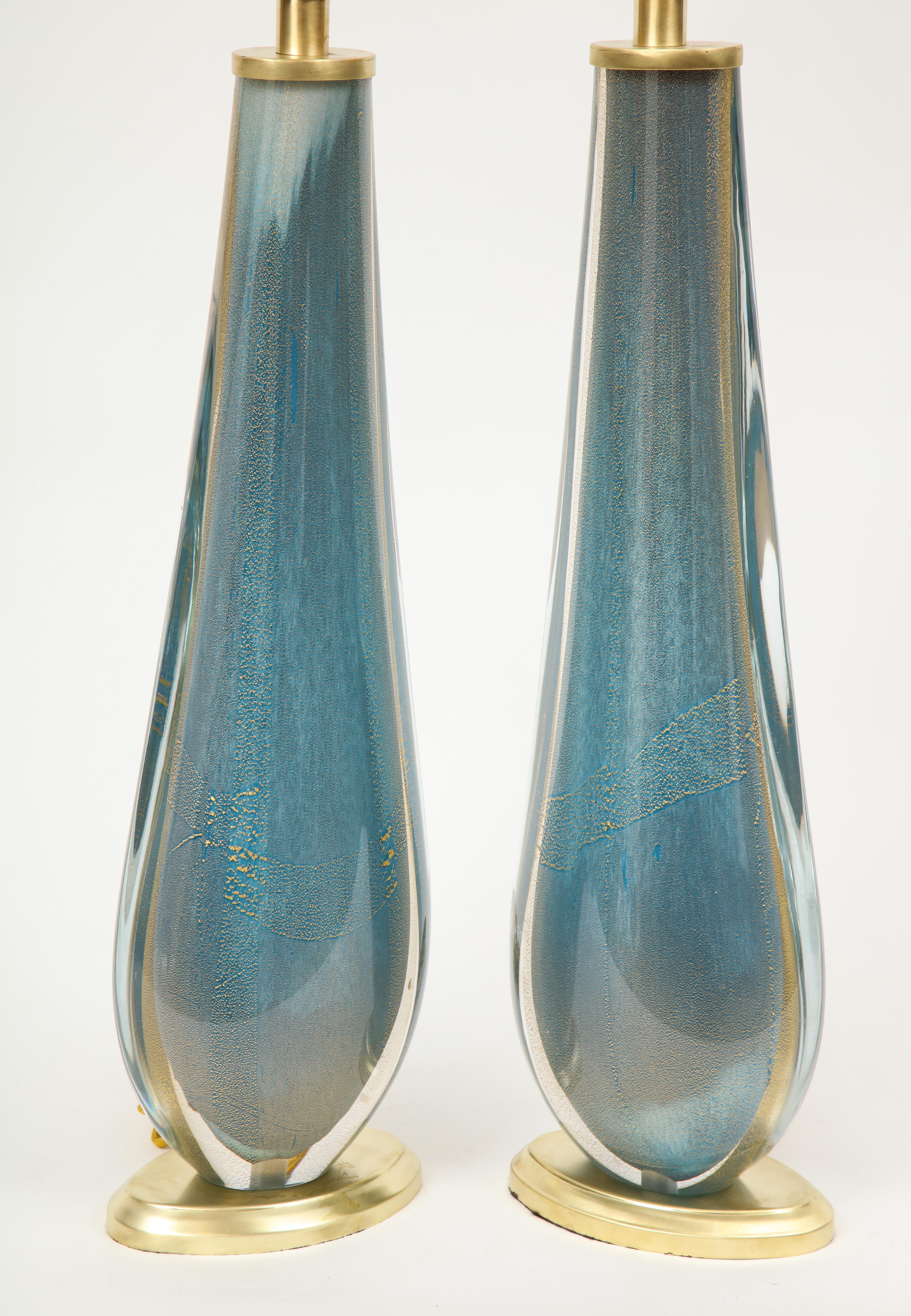 Venini Style French Blue Murano Glass Lamps In Excellent Condition In New York, NY