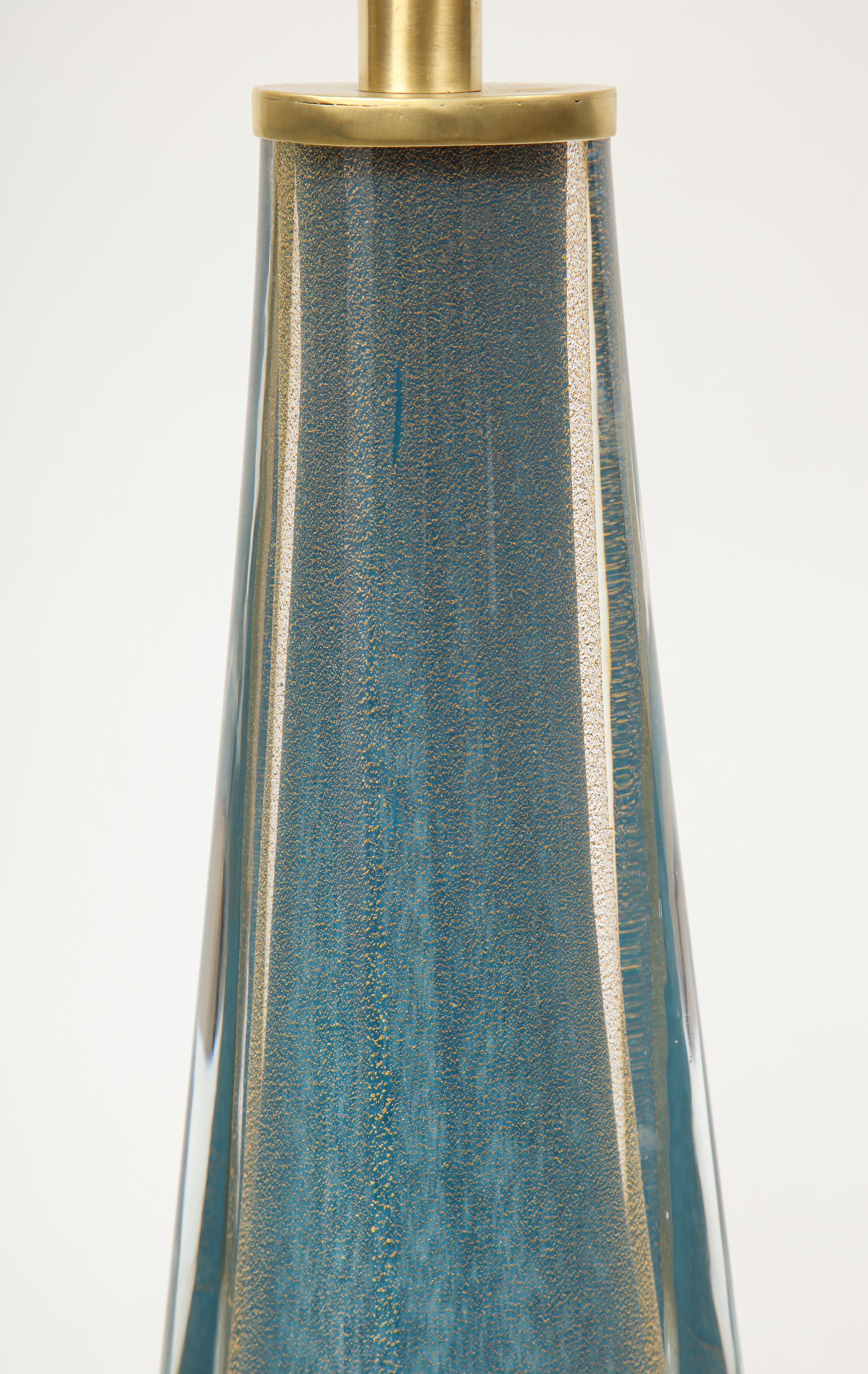 Brass Venini Style French Blue Murano Glass Lamps