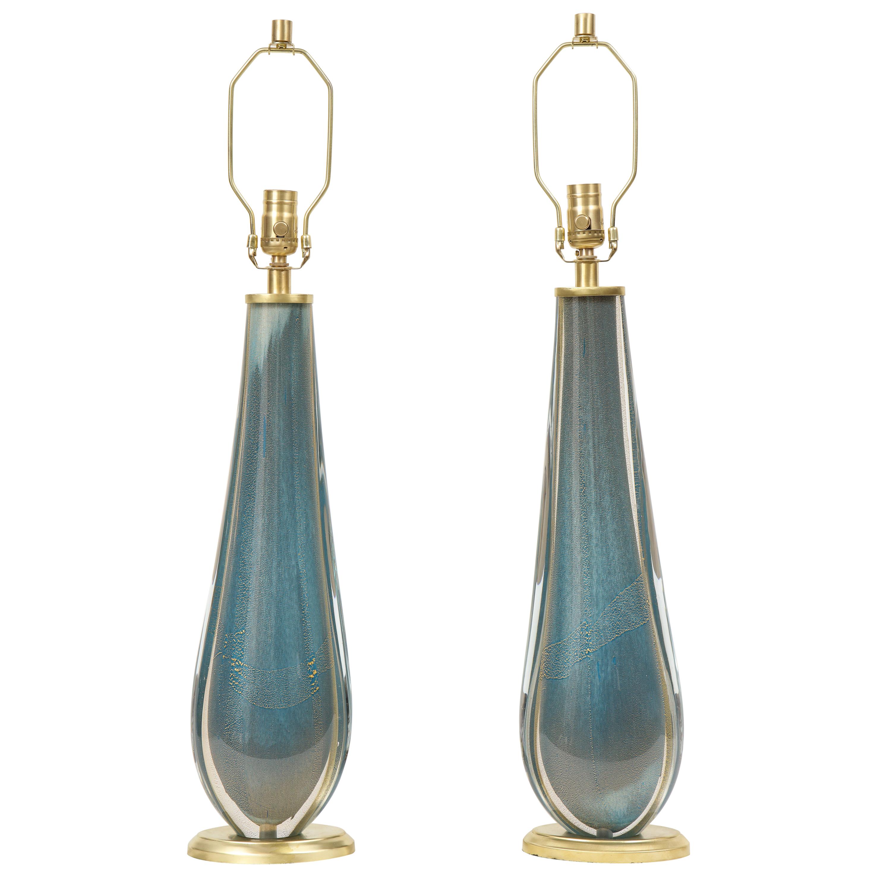 Venini Style French Blue Murano Glass Lamps