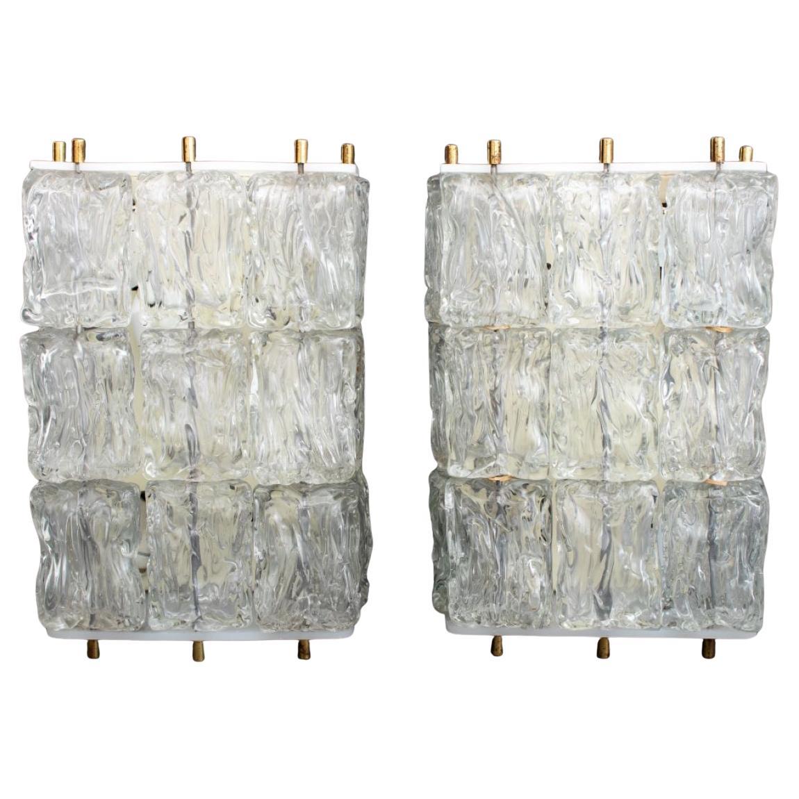Venini Style Ice Block Glass Wall Sconces, Pair