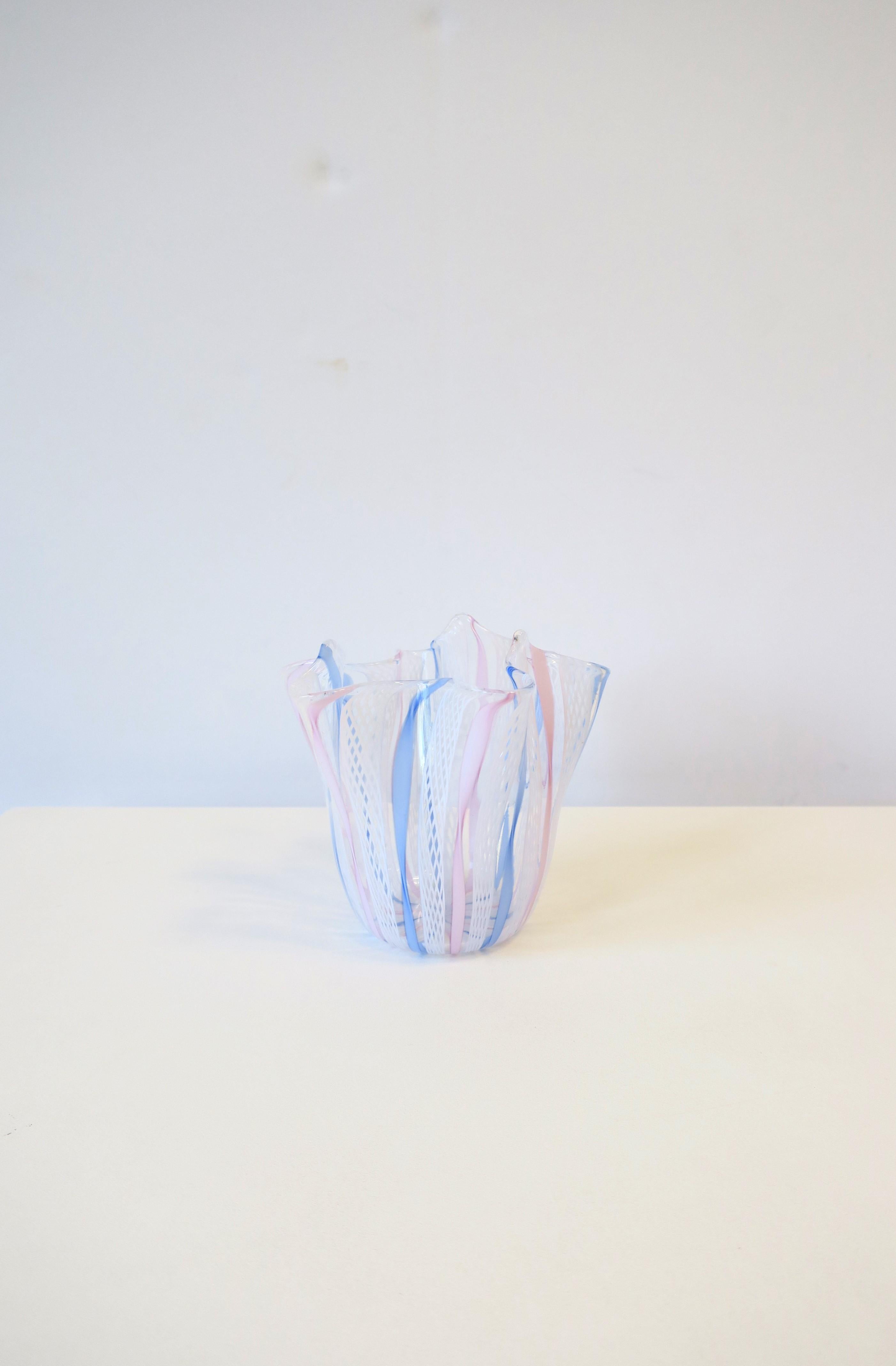 Mid-Century Modern Venini Style Italian Art Glass Handkerchief Vase in White Pink & Blue For Sale