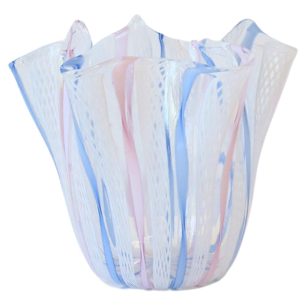 Venini Style Italian Art Glass Handkerchief Vase in White Pink & Blue