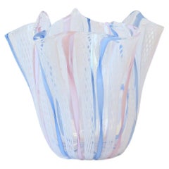 Venini Style Italian Art Glass Handkerchief Vase in White Pink & Blue