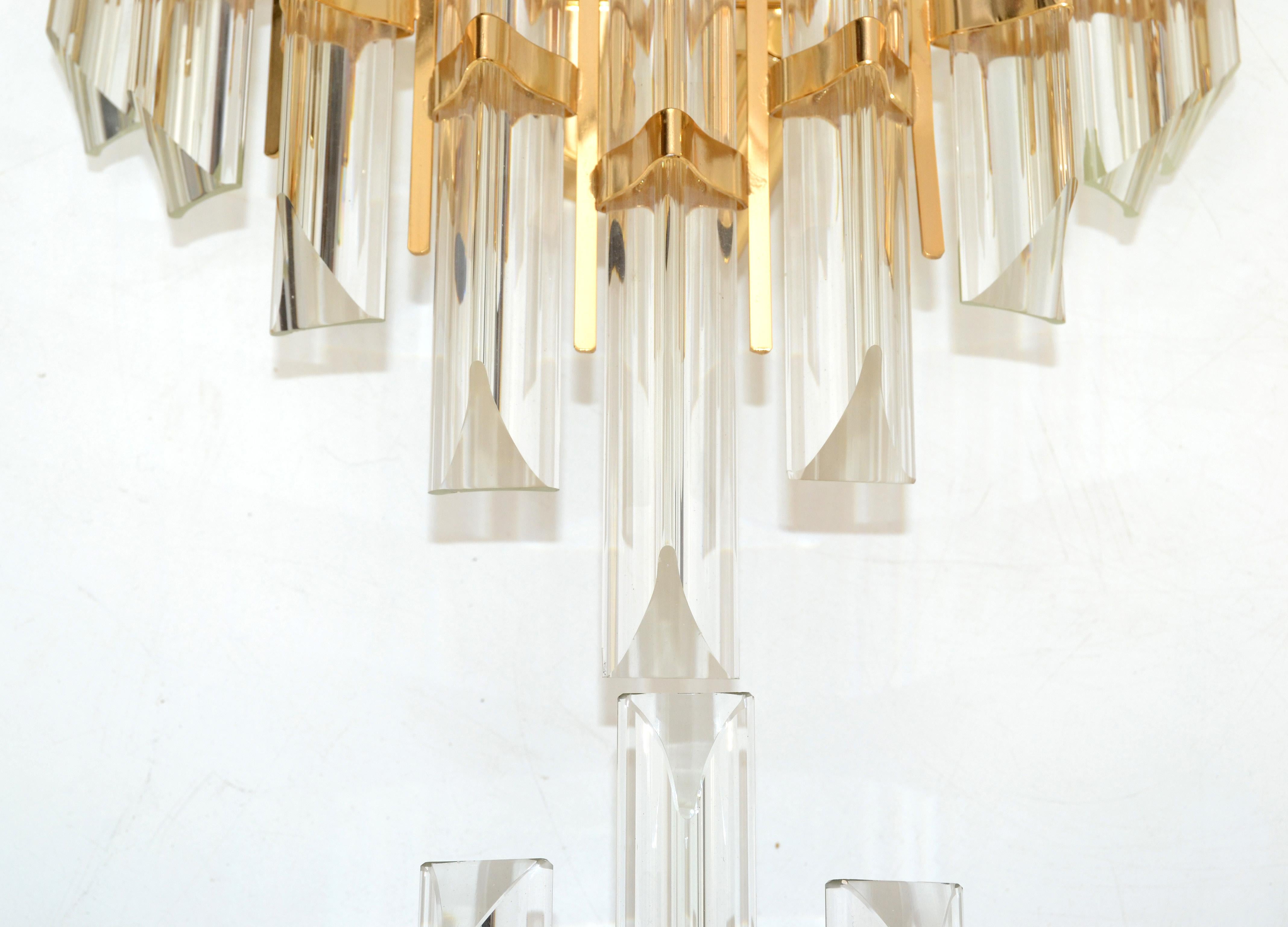 Late 20th Century Venini Style Mid-Century Modern Italian Pair of Sconces Crystal & Brass Lights 