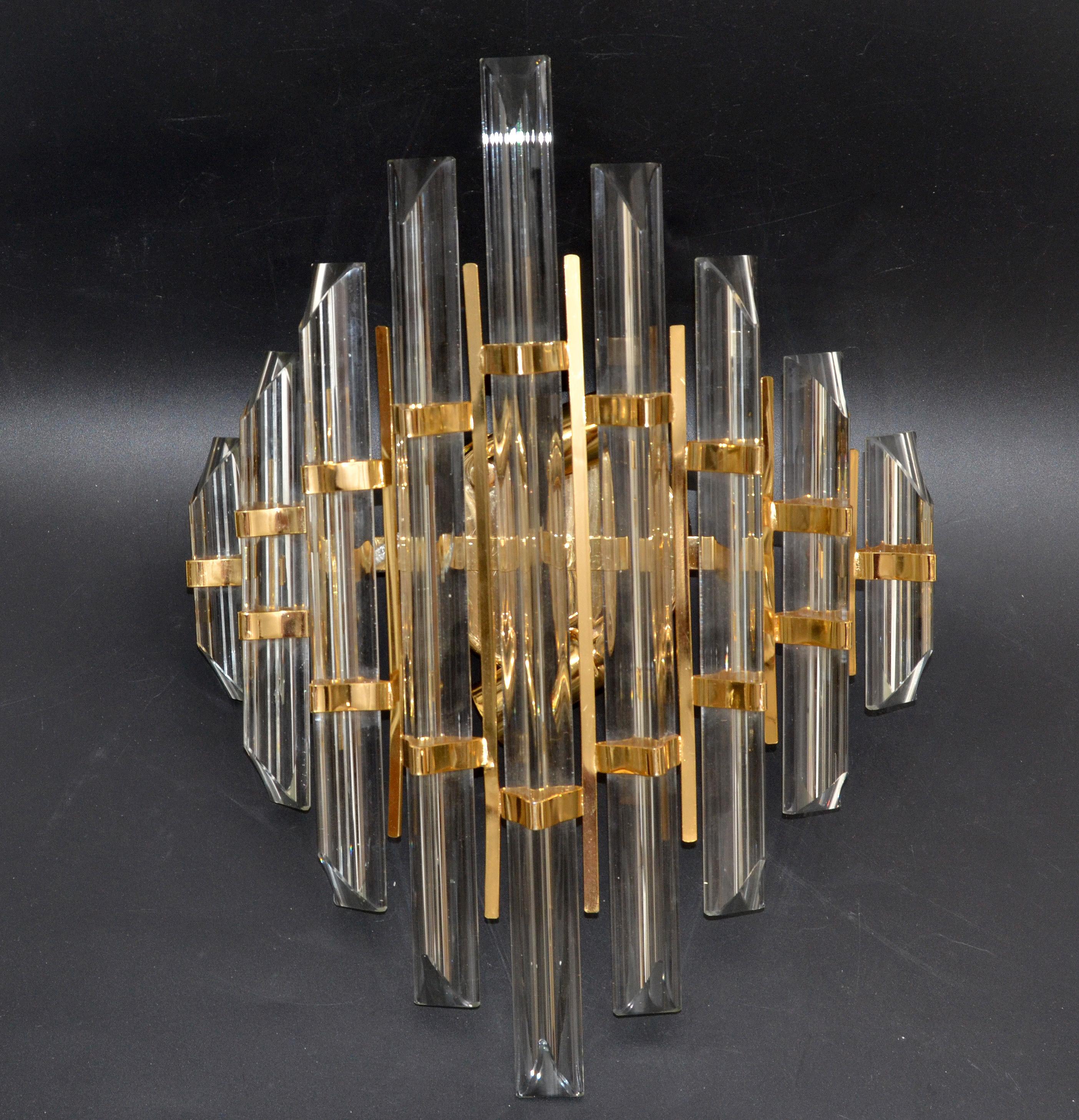 Venini Style Mid-Century Modern Italian Pair of Sconces Crystal & Brass Lights  2