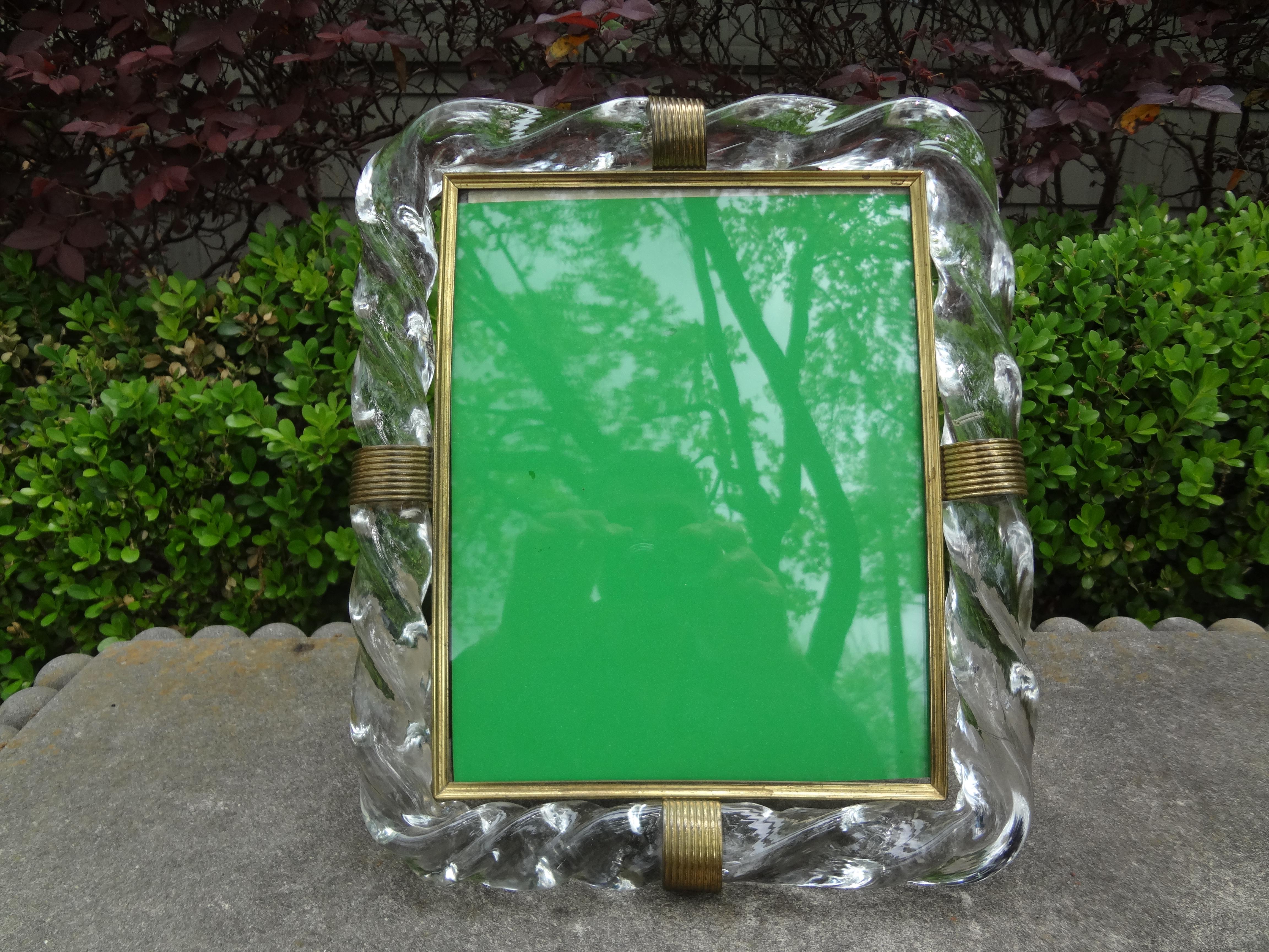 Stunning Italian Carlo Scarpa for Venini style clear murano glass and brass picture frame. Our great murano glass picture frame, photograph frame or photo frame is made of beautifully twisted blown glass (Treccia or Torchon) with brass keystones on