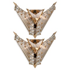 Venini Style Triedroglass Glass and Brass Sconces, Italy, 1970s