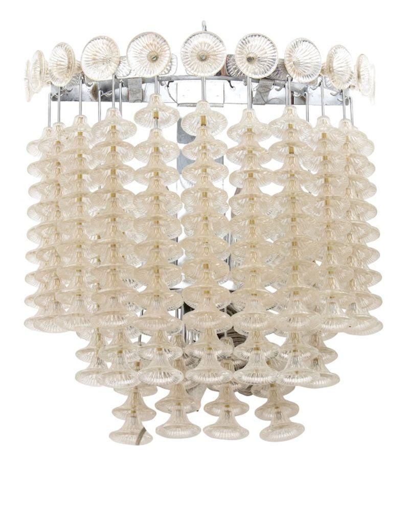 Venini Style Two-Tier Crystal Sconce, with stacked bell-form cut crystals and chrome plated mount.18.25