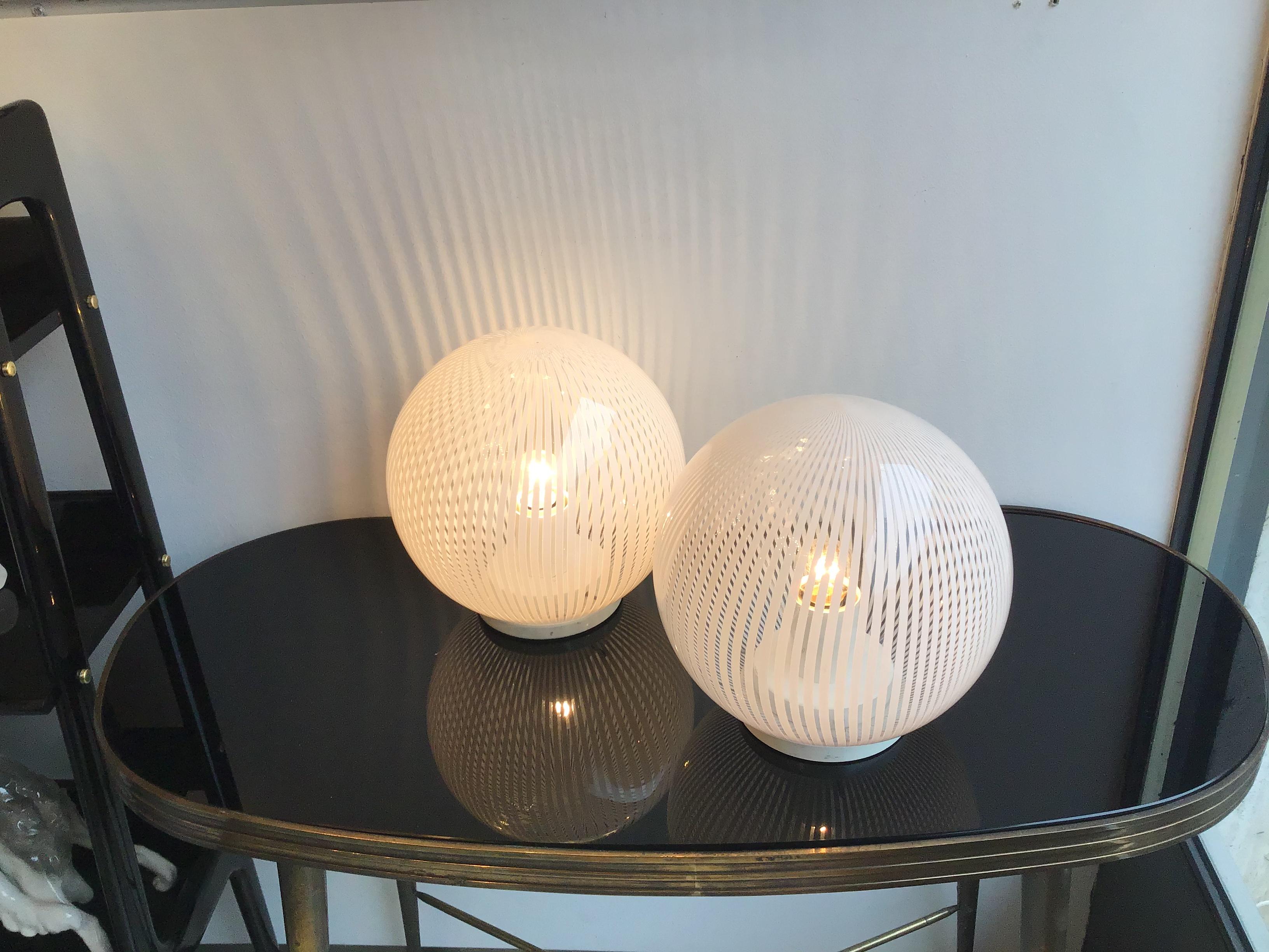 Italian Venini Table Lamps Couple Murano Glass Metal, 1965, Italy For Sale