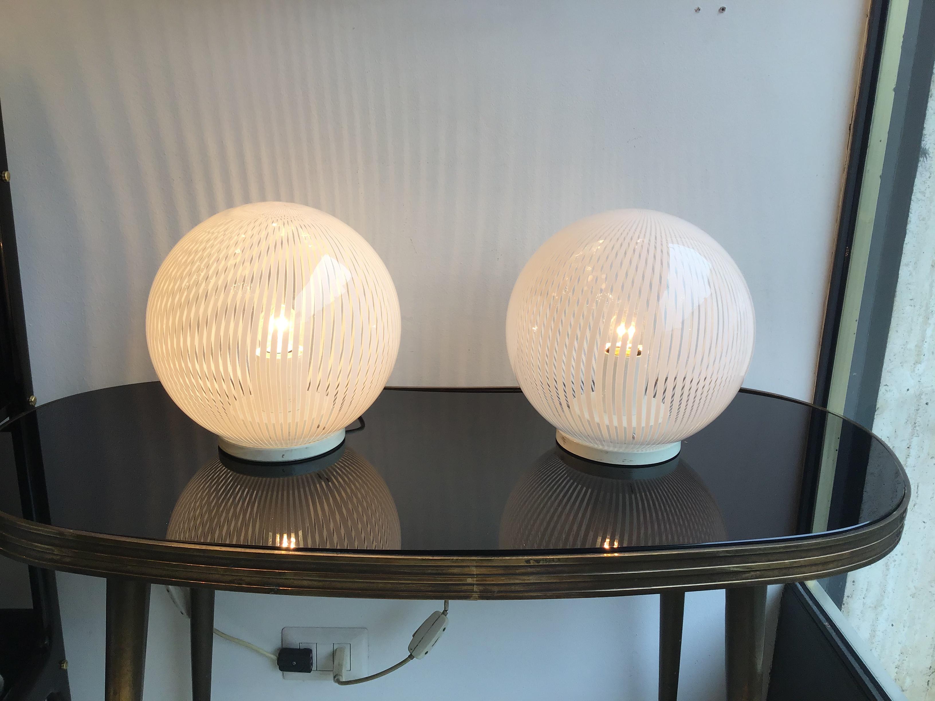 Mid-20th Century Venini Table Lamps Couple Murano Glass Metal, 1965, Italy For Sale