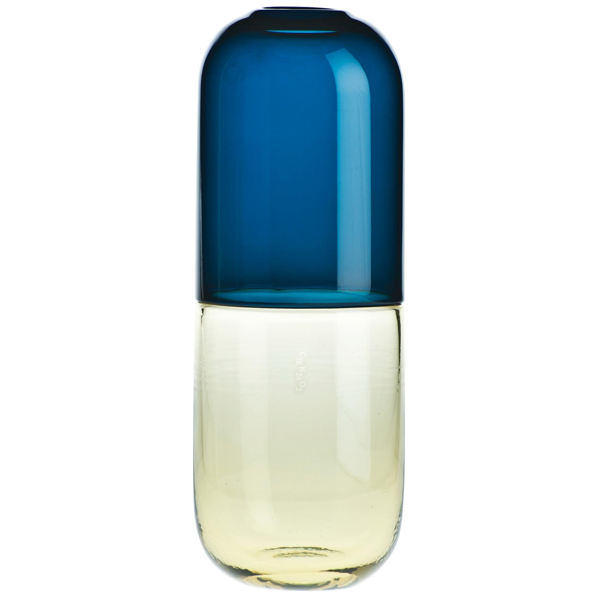 Vase Happy Pills de Venini Testosterone en bleu Horizon et jaune de Fabio Novembre en vente