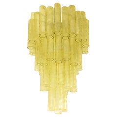 Venini Tiered Chartreuse Cylindrical Form Murano Glass Chandelier, 1960s